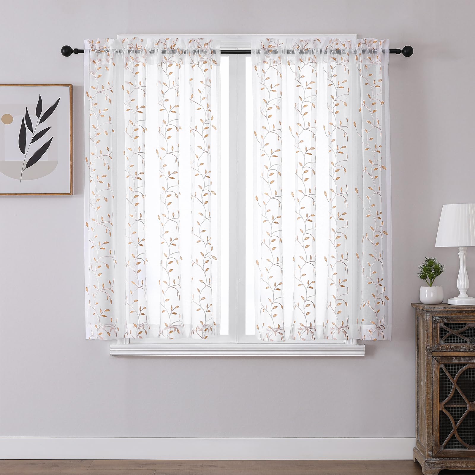VISIONTEX Sheer Curtains 84 Inches Long 2 Panels Set Cream Beige Embroidered Floral Leaf Pattern Rod Pocket Semi Sheer Voile Window Curtains/Drapes for Bedroom Living Room 54 x 84 Inches