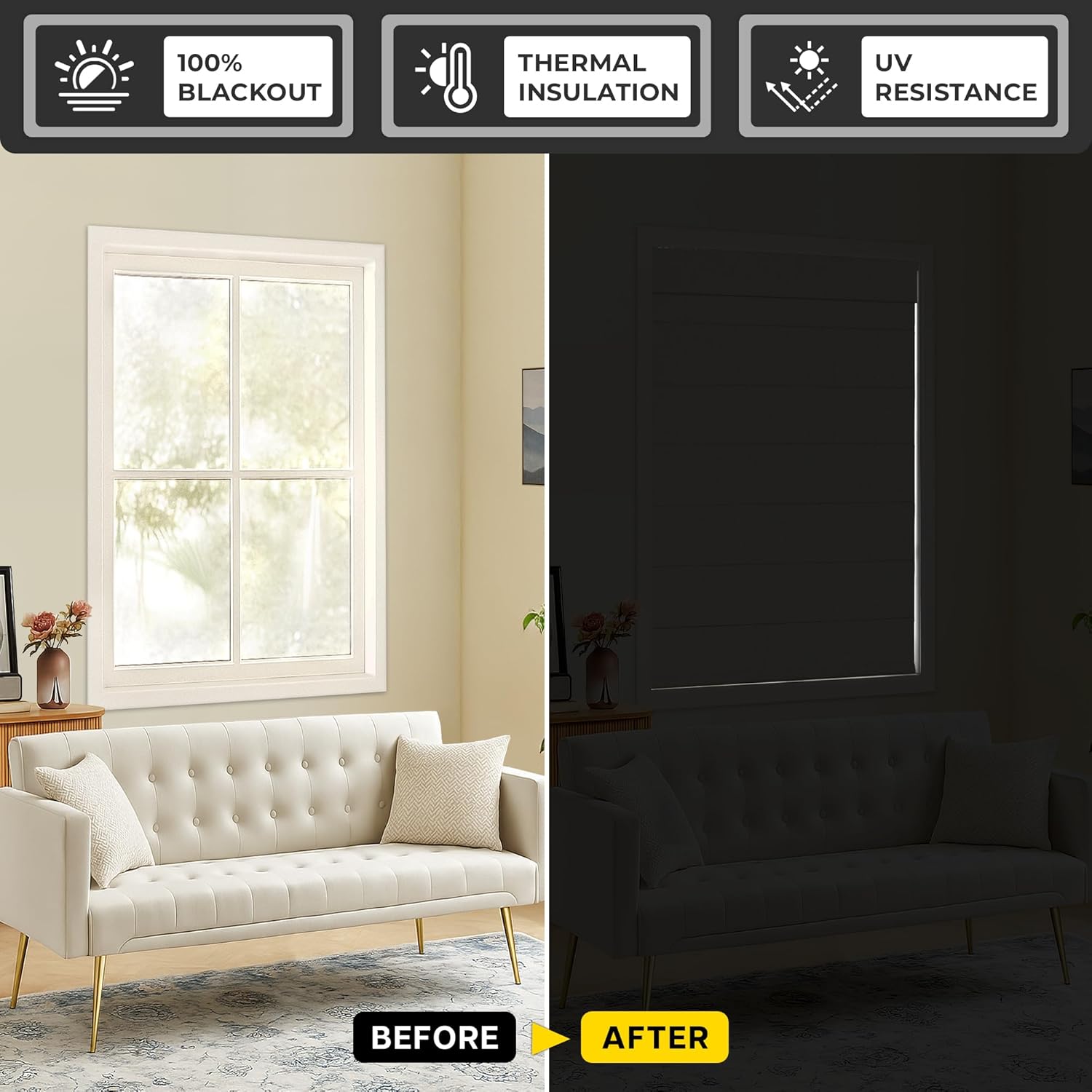 UNISHADES 100% Blackout No Tools No Drill Cordless Roman Shades for Windows, Size 34 1/4" W × 72" H (for Windows 34.5" W × 72" H) Blackout - Beige