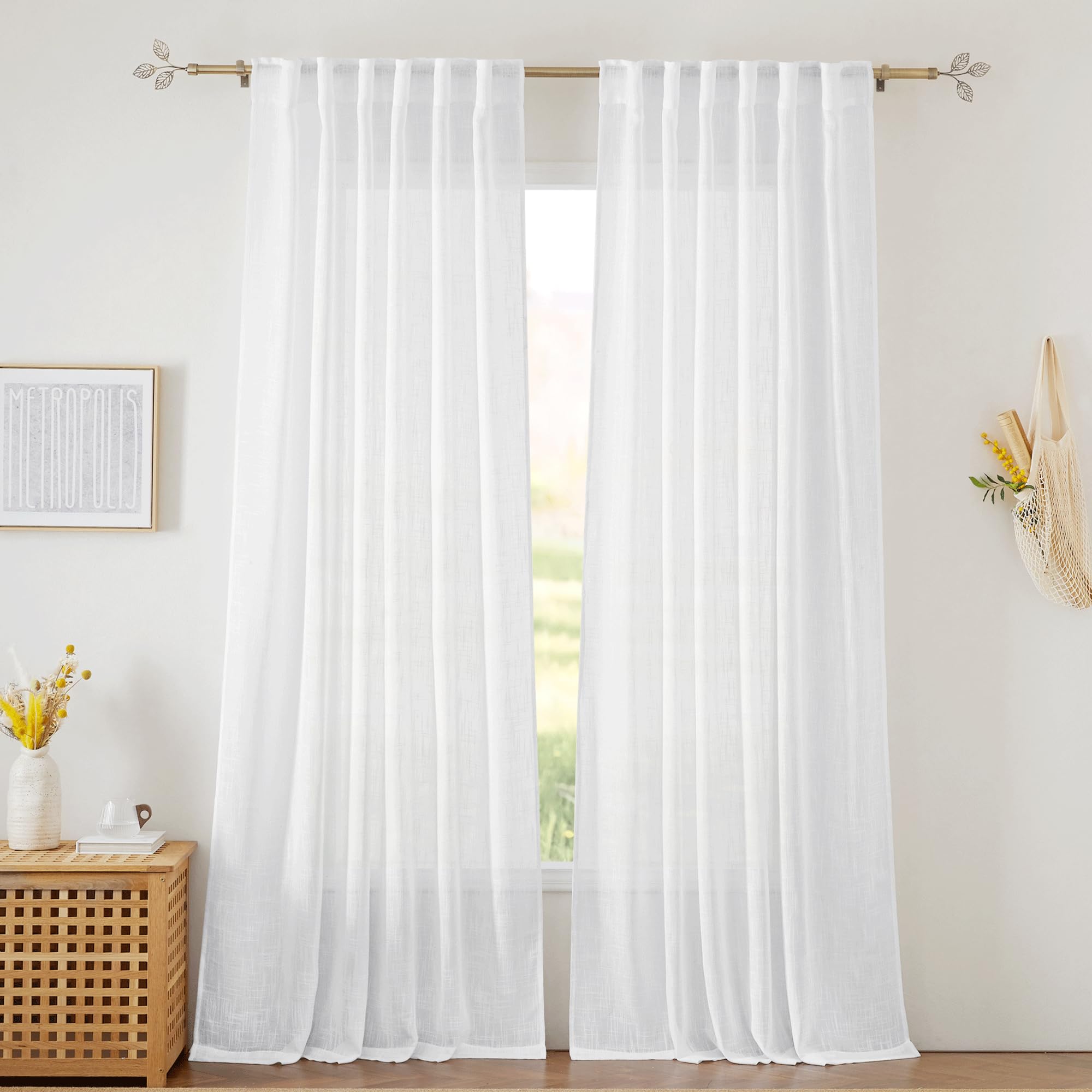 RYB HOME White Sheer Curtains Linen Texture Window Panels, Semi Sheer Light Filetring Rod Pocket & Back Tab Drapes for Bedroom, 52 x 84 inches, Pack of 2