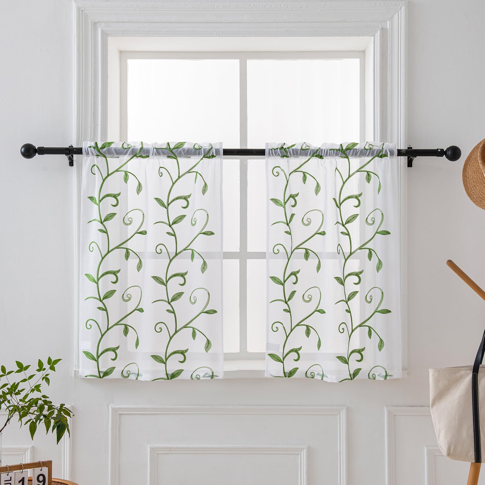 VISIONTEX Sheer Curtains 84 Inches Long 2 Panels Set Cream Beige Embroidered Floral Leaf Pattern Rod Pocket Semi Sheer Voile Window Curtains/Drapes for Bedroom Living Room 54 x 84 Inches