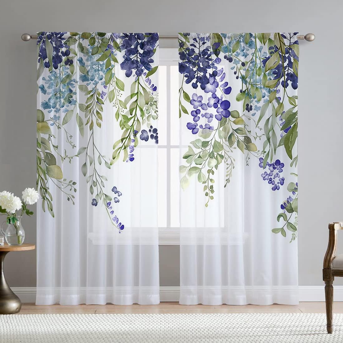 Green Eucalyptus Leaves Sheer Curtains for Living Room 84 inch Length 2 Panels Set Elegant Wild Flower Floral Spring Printed Window Curtain Natural Chiffon Drapes for Bedroom