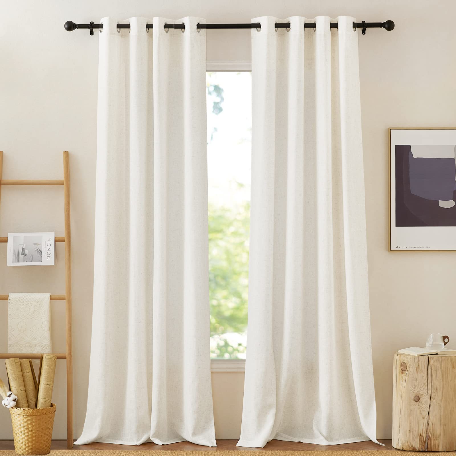 NICETOWN Semi Sheer Beige Curtains 84 inches Long, Grommet Retro Linen Curtains Window Treatments Vertical Drapes Privacy with Light Filter for Living Room, W52 x L84, 2 Panels