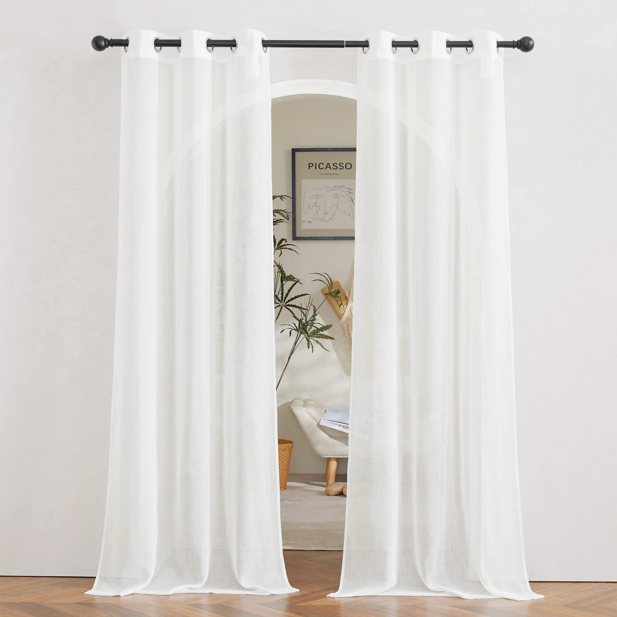 NICETOWN Semi Sheer Beige Curtains 84 inches Long, Grommet Retro Linen Curtains Window Treatments Vertical Drapes Privacy with Light Filter for Living Room, W52 x L84, 2 Panels