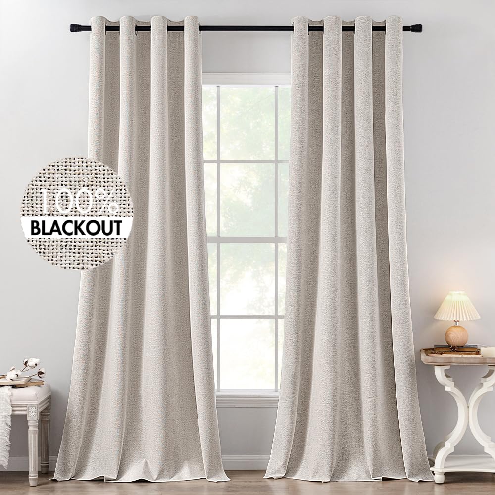 MIULEE 90 Inches Linen Textured Curtains for Bedroom 100% Blackout Thermal Insulated Natural Beige Grommet Room Darkening Curtains & Drapes Luxury Decor for Living Room Nursery 52 x 90 Inch (2 Panels)