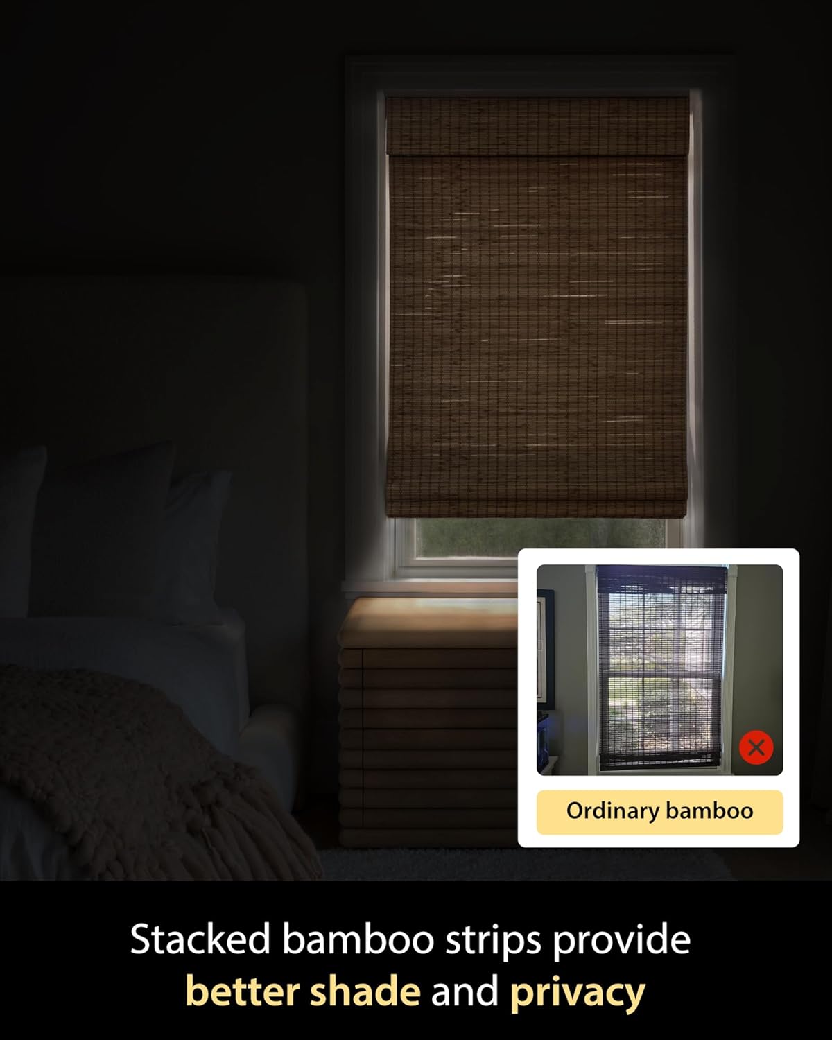 UNISHADES Cordless Bamboo Roman Shades for Windows, Blinds Size (26.5" W ×48" H) Colour (Highfield Teak)