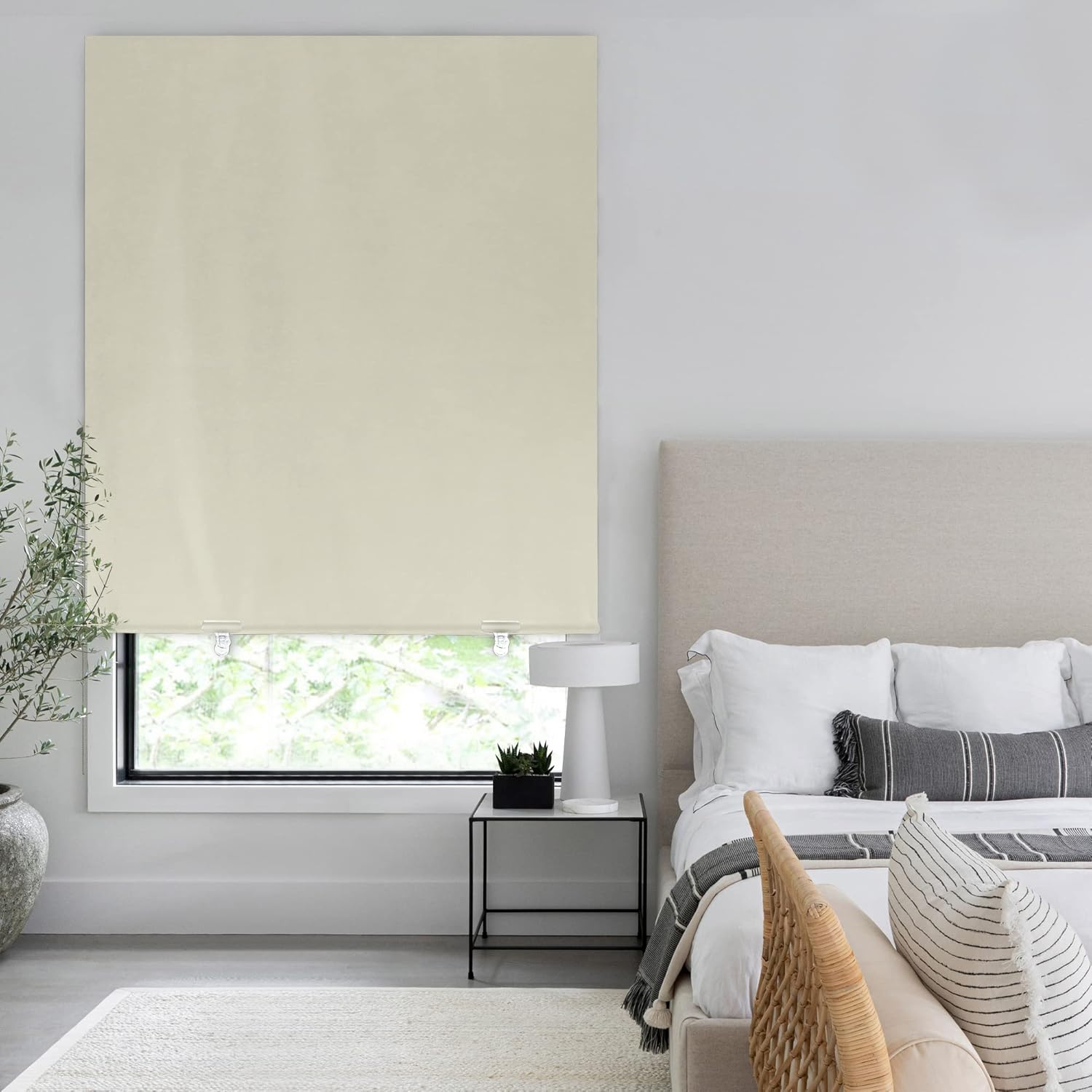 LazBlinds 100% Blackout Roller Shades, No Tools No Drill Cordless Blinds for Windows, Thermal Insulated UV Protection Privacy Window Shades for Bedroom (48''W x 72''H, Cream)