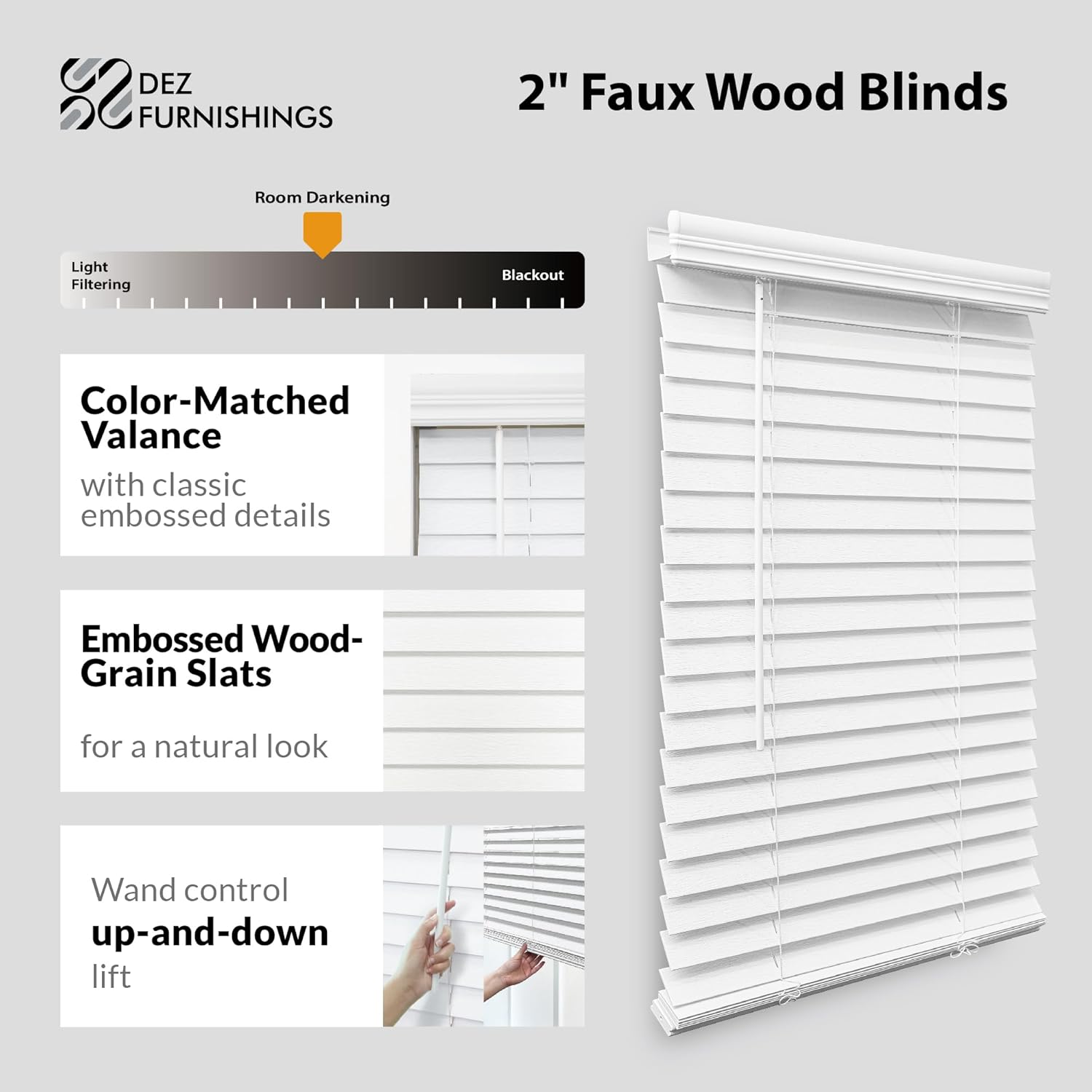 DEZ FURNISHINGS Cordless 2" Faux Wood Blind, 32" W x 48" H, White