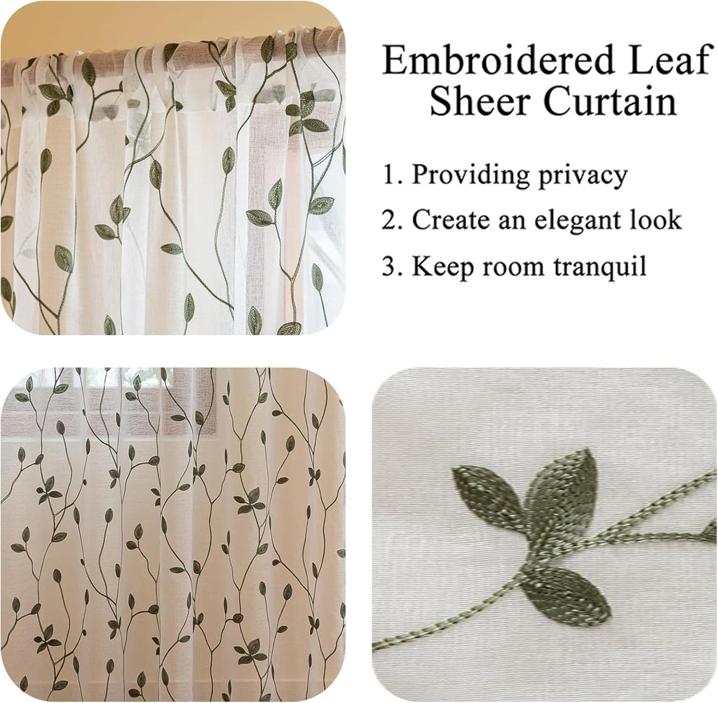 AmHoo 2 Panels Embroidered Leaf Pattern Semi Sheer Curtains Foliage Floral Voile Window Draperies Treatment for Bedroom Living Room Rod Pocket White Sage Green 53 x 84 Inch
