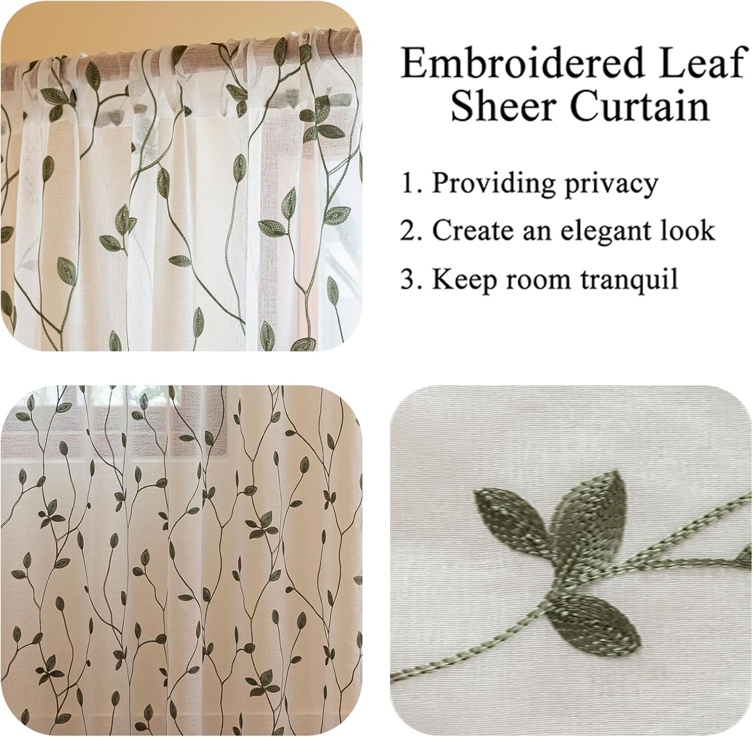 AmHoo 2 Panels Embroidered Leaf Pattern Semi Sheer Curtains Foliage Floral Voile Window Draperies Treatment for Bedroom Living Room Rod Pocket White Sage Green 53 x 84 Inch