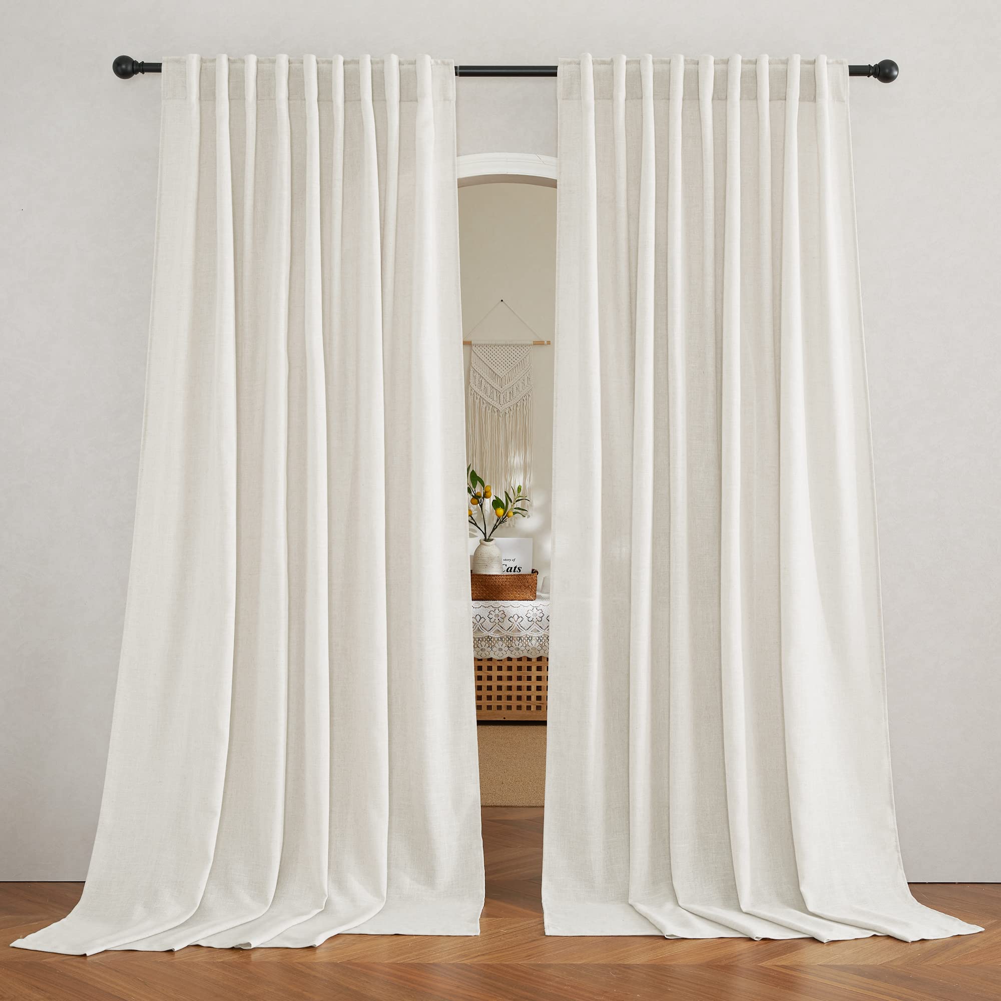 RYB HOME White Sheer Curtains Linen Texture Window Panels, Semi Sheer Light Filetring Rod Pocket & Back Tab Drapes for Bedroom, 52 x 84 inches, Pack of 2