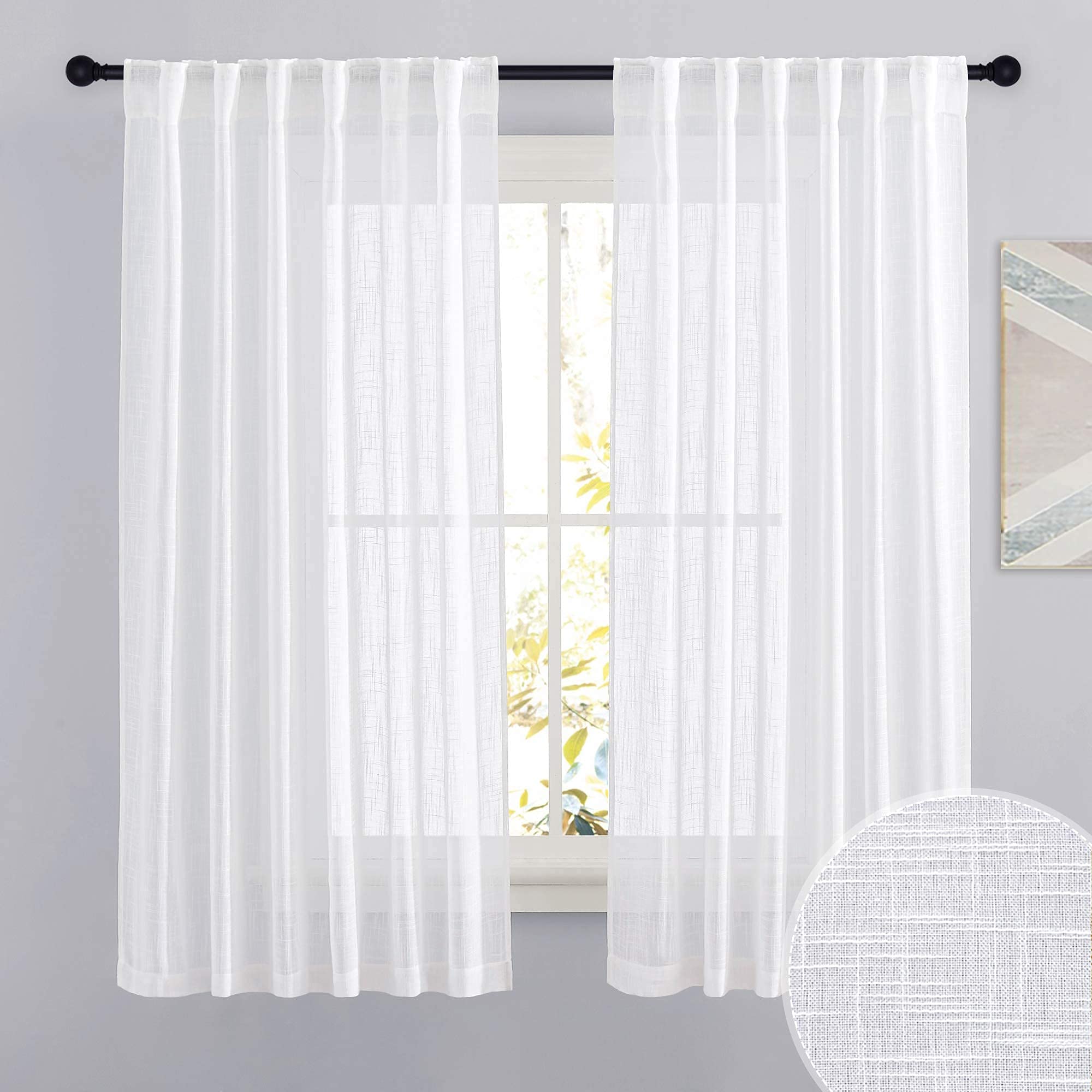 RYB HOME White Sheer Curtains Linen Texture Window Panels, Semi Sheer Light Filetring Rod Pocket & Back Tab Drapes for Bedroom, 52 x 84 inches, Pack of 2