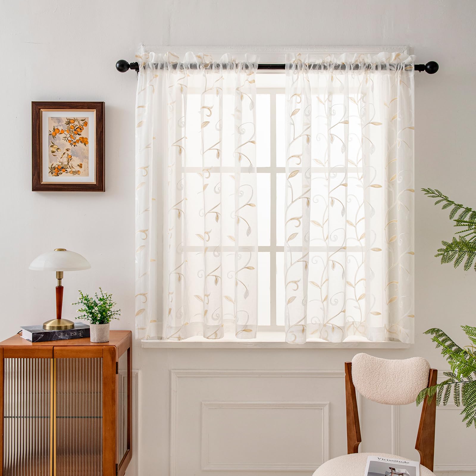 VISIONTEX Sheer Curtains 84 Inches Long 2 Panels Set Cream Beige Embroidered Floral Leaf Pattern Rod Pocket Semi Sheer Voile Window Curtains/Drapes for Bedroom Living Room 54 x 84 Inches