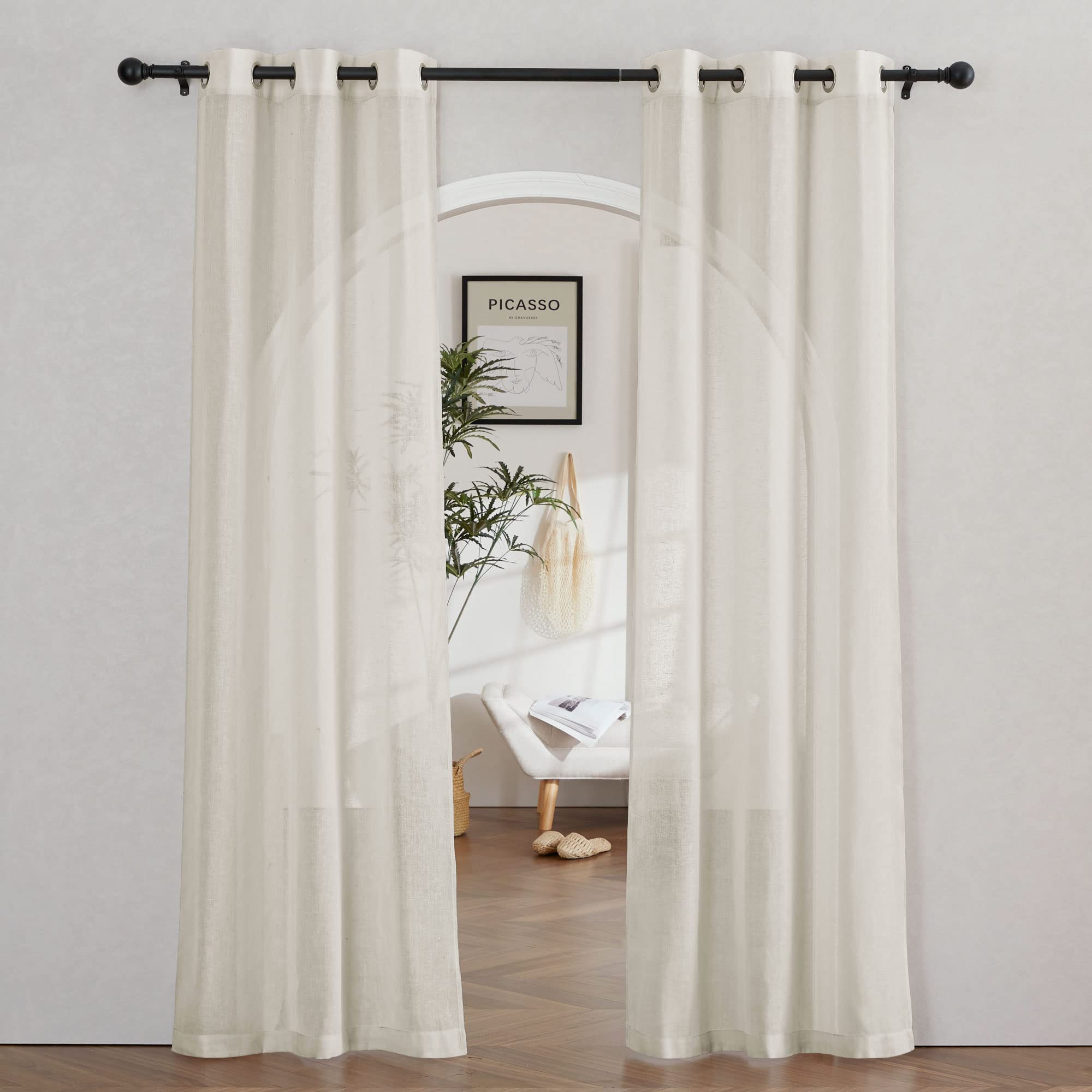 NICETOWN Semi Sheer Beige Curtains 84 inches Long, Grommet Retro Linen Curtains Window Treatments Vertical Drapes Privacy with Light Filter for Living Room, W52 x L84, 2 Panels