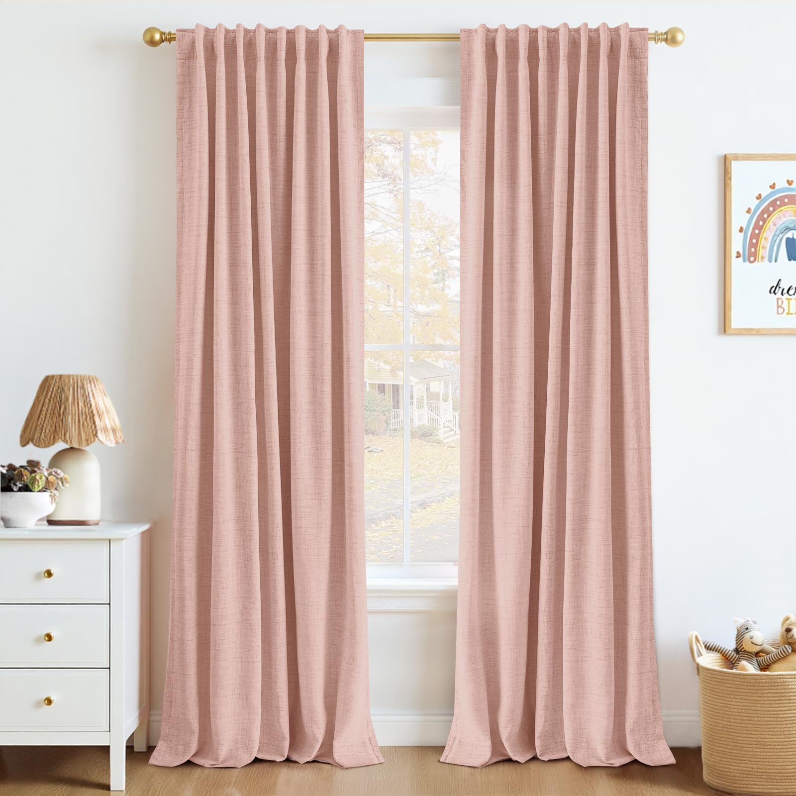 INOVADAY 100% Blackout Curtains 96 Inches Length 2 Panels Set, Back Tab/Rod Pocket Linen Black Out Curtains for Bedroom, Thermal Insulated Window Drapes - Cream, W50 X L96