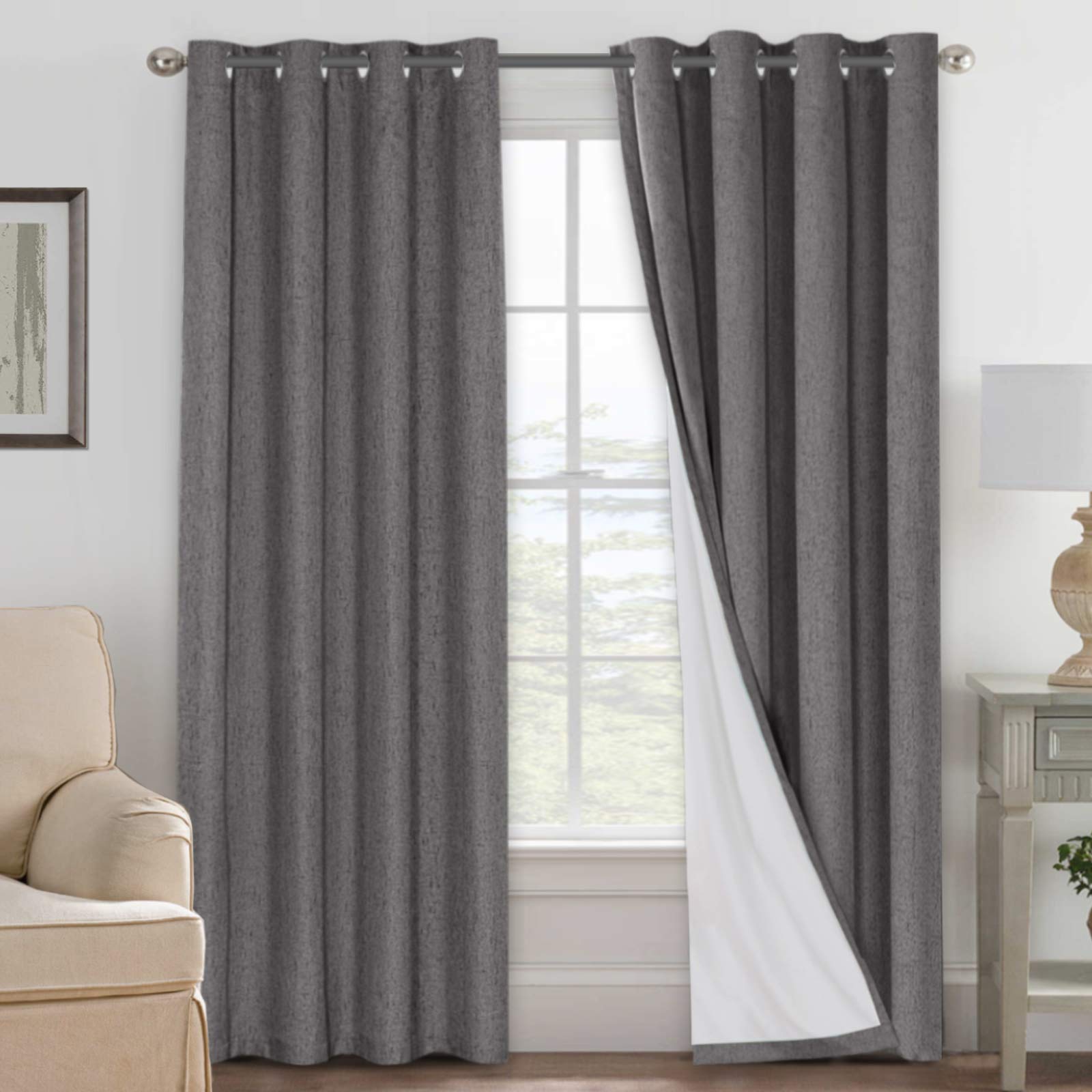 H.VERSAILTEX Linen 100% Blackout Curtains for Bedroom Full Light Blocking Curtains, Textured Window Curtain for Living Room 84 inch Grommet, Energy Efficient Curtains White Liner(2 Panels, Natural)