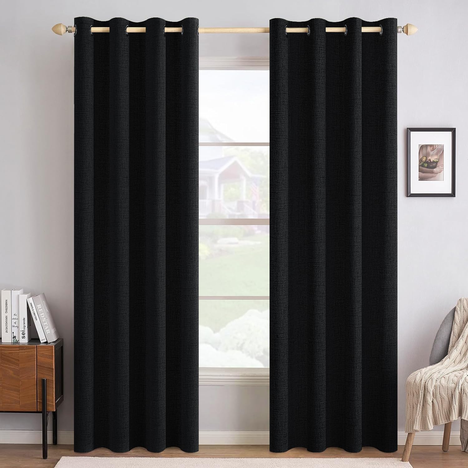 MIULEE 90 Inches Linen Textured Curtains for Bedroom 100% Blackout Thermal Insulated Natural Beige Grommet Room Darkening Curtains & Drapes Luxury Decor for Living Room Nursery 52 x 90 Inch (2 Panels)