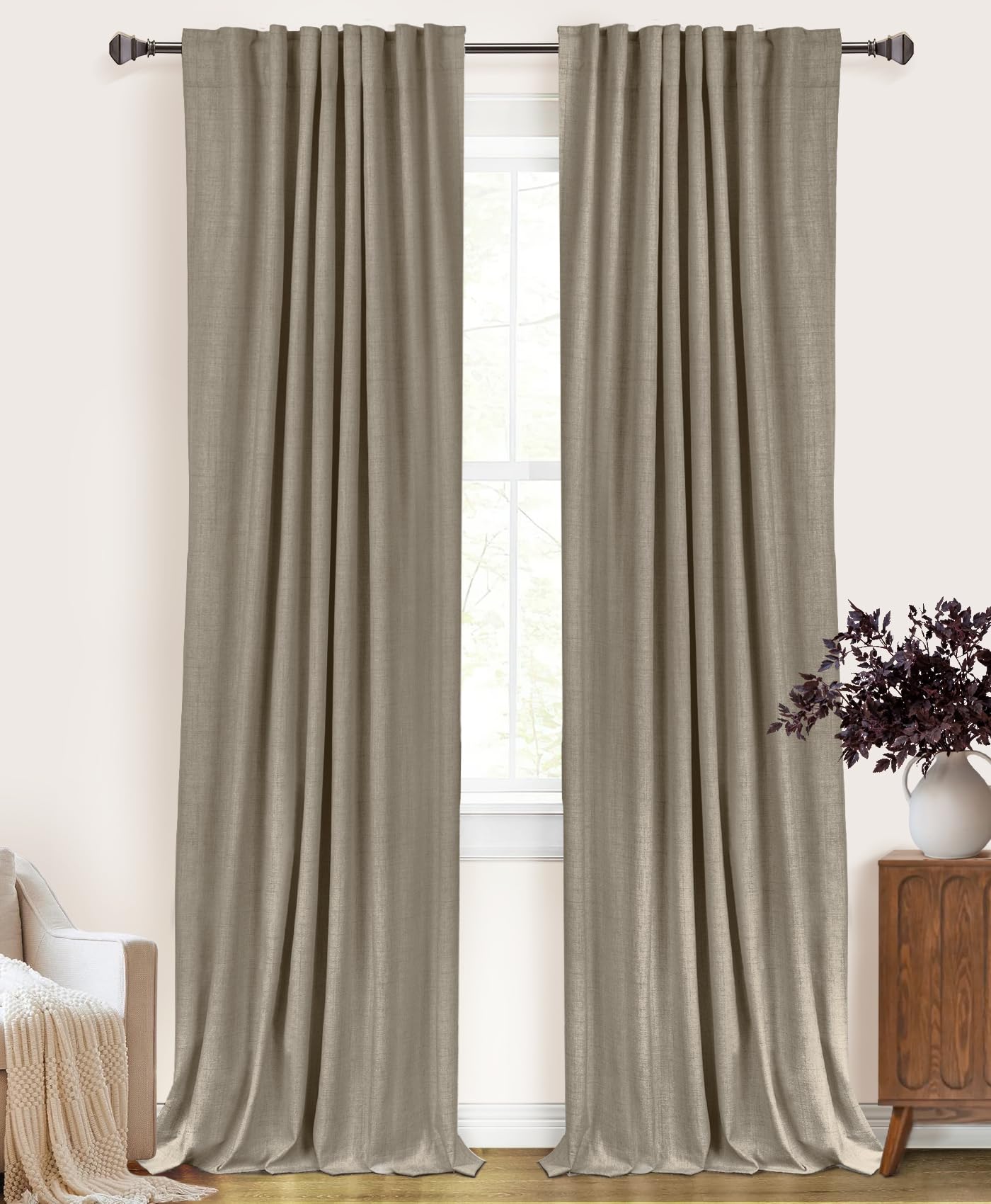 100% Blackout Shield Linen Blackout Curtains for Bedroom 84 Inches Long, Back Tab/Rod Pocket Living Room Drapes, Thermal Insulated Blackout Curtains 2 Panels Set, 50" W x 84" L, Cream