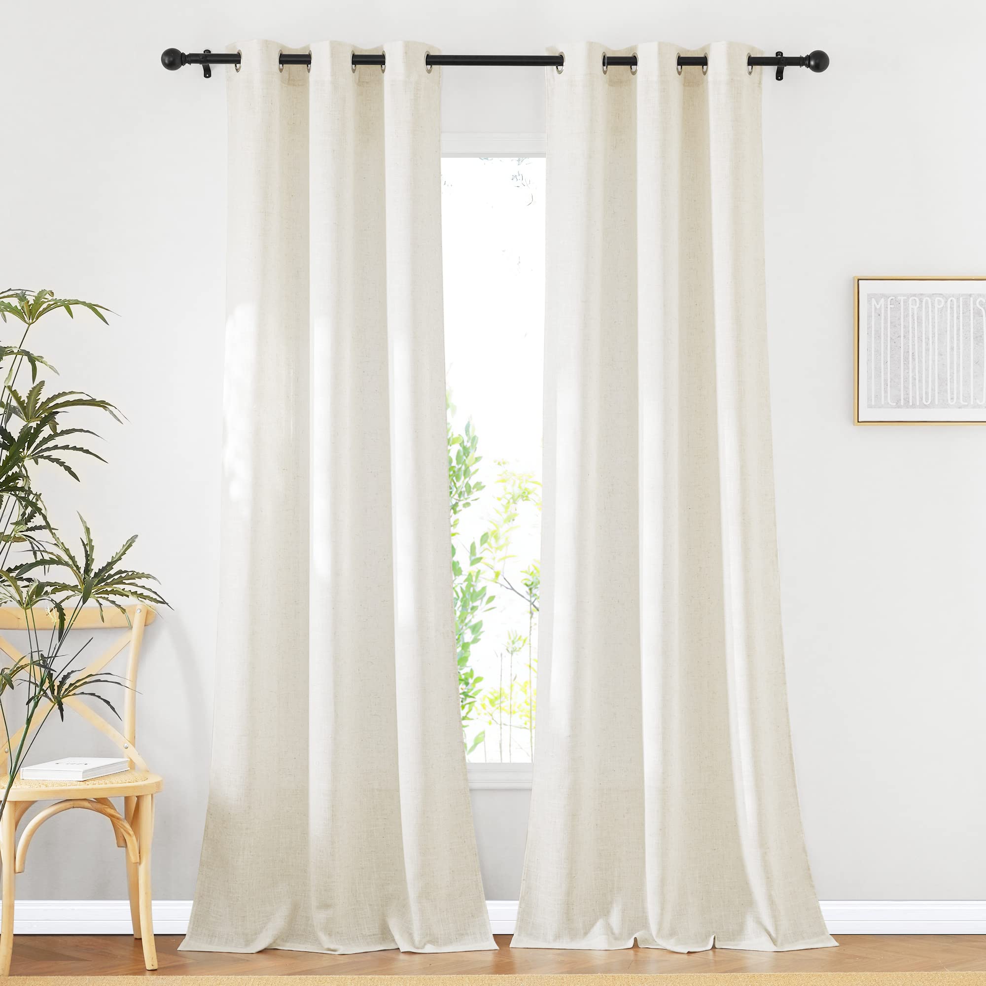 NICETOWN Semi Sheer Beige Curtains 84 inches Long, Grommet Retro Linen Curtains Window Treatments Vertical Drapes Privacy with Light Filter for Living Room, W52 x L84, 2 Panels