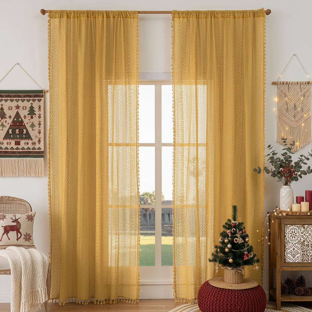 WAZZIO Boho Crochet Curtains for Living Room Lace Curtains 84 Inches Long 2 Panel, Rod Pocket Vintage Tassel Bohemian Decor Geometry Striped Light Filtering Semi Sheer Curtain Drapes for Bedroom,Beige