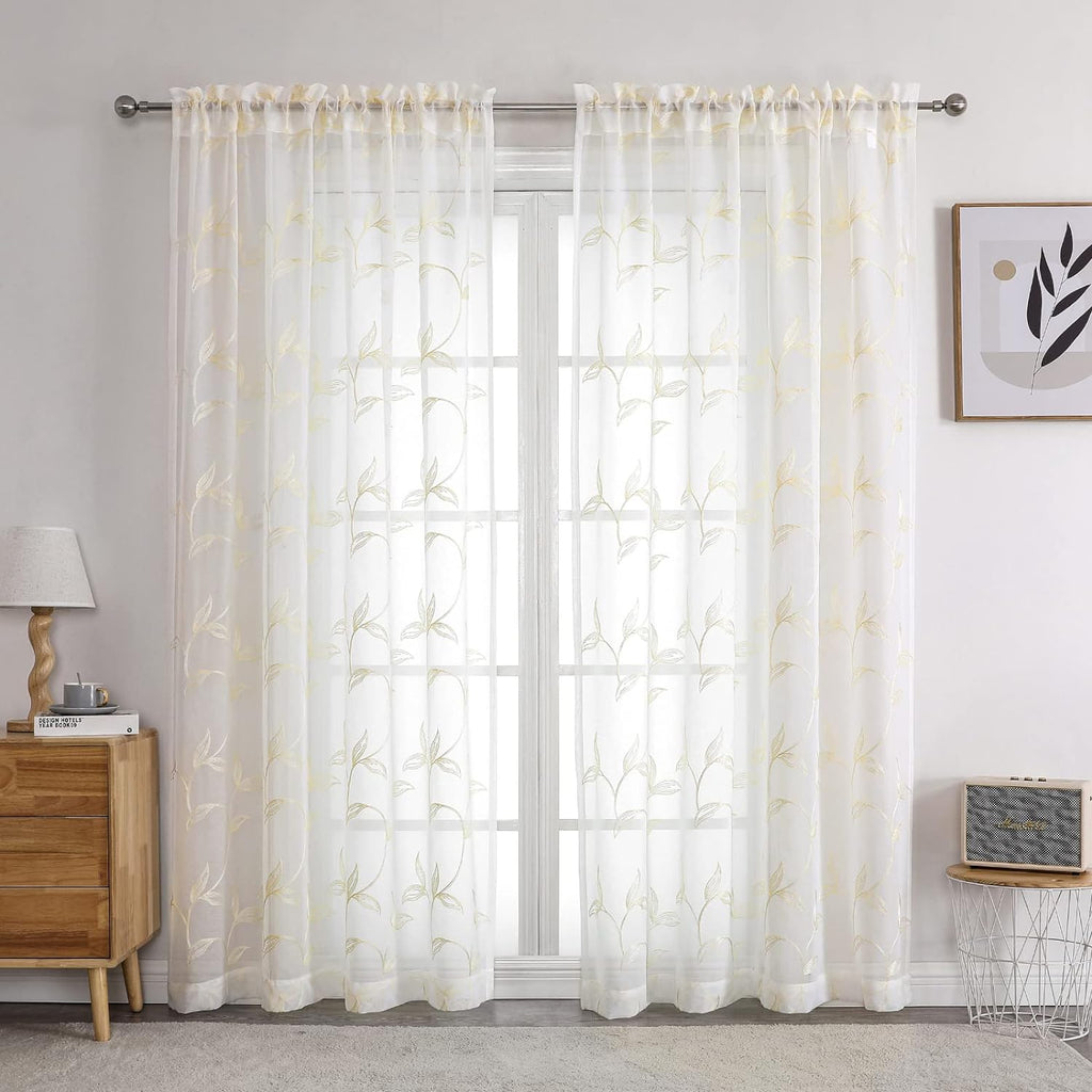 VISIONTEX Sheer Curtains 84 Inches Long 2 Panels Set Cream Beige Embroidered Floral Leaf Pattern Rod Pocket Semi Sheer Voile Window Curtains/Drapes for Bedroom Living Room 54 x 84 Inches