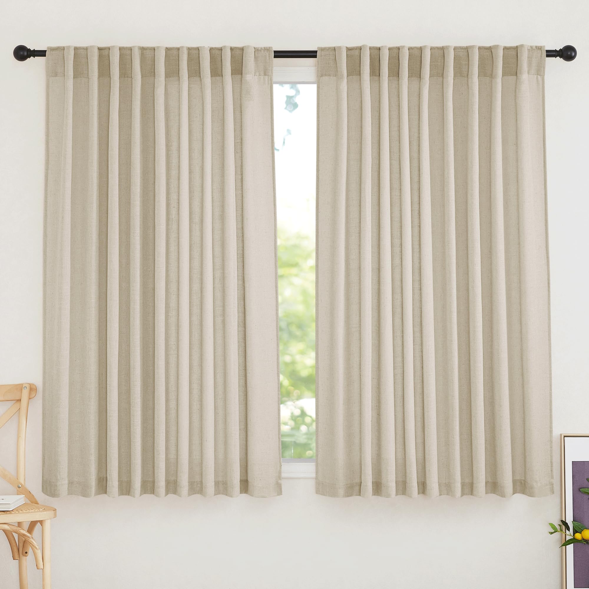 RYB HOME White Sheer Curtains Linen Texture Window Panels, Semi Sheer Light Filetring Rod Pocket & Back Tab Drapes for Bedroom, 52 x 84 inches, Pack of 2