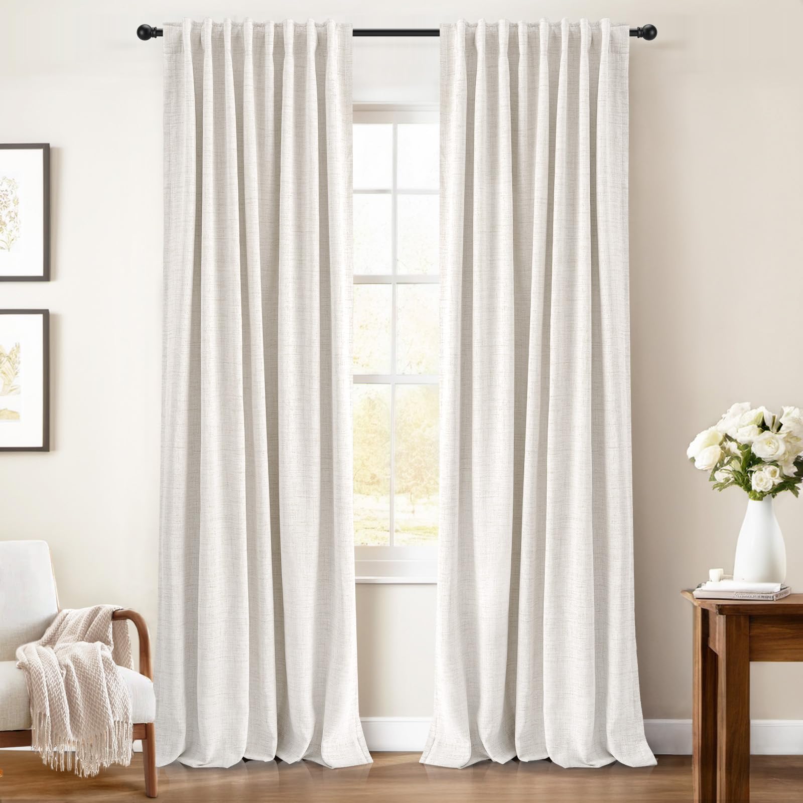 INOVADAY 100% Blackout Curtains 96 Inches Length 2 Panels Set, Back Tab/Rod Pocket Linen Black Out Curtains for Bedroom, Thermal Insulated Window Drapes - Cream, W50 X L96