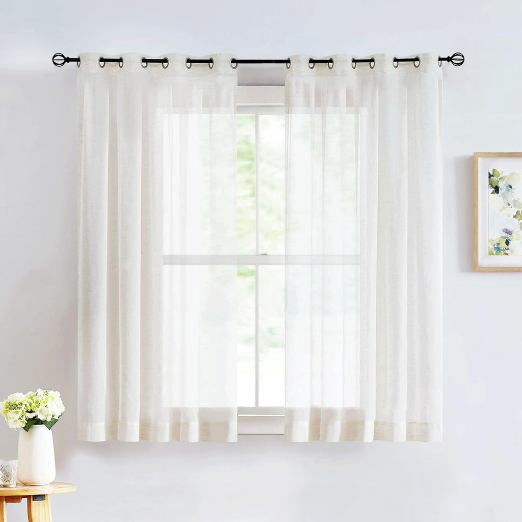 FMFUNCTEX Linen Sheer Curtains for Bedroom, Beige Curtains 84 inches Long for Living Room, Natural Flax Blend Window Draperies for Farmhouse Curtain, Rod Pocket 2 Panels