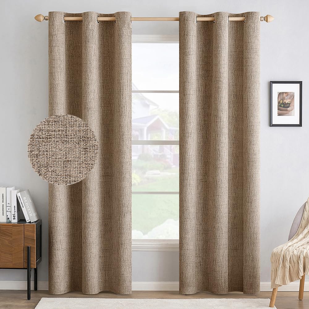MIULEE 90 Inches Linen Textured Curtains for Bedroom 100% Blackout Thermal Insulated Natural Beige Grommet Room Darkening Curtains & Drapes Luxury Decor for Living Room Nursery 52 x 90 Inch (2 Panels)