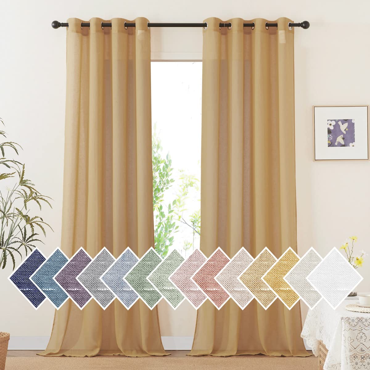 NICETOWN Semi Sheer Beige Curtains 84 inches Long, Grommet Retro Linen Curtains Window Treatments Vertical Drapes Privacy with Light Filter for Living Room, W52 x L84, 2 Panels