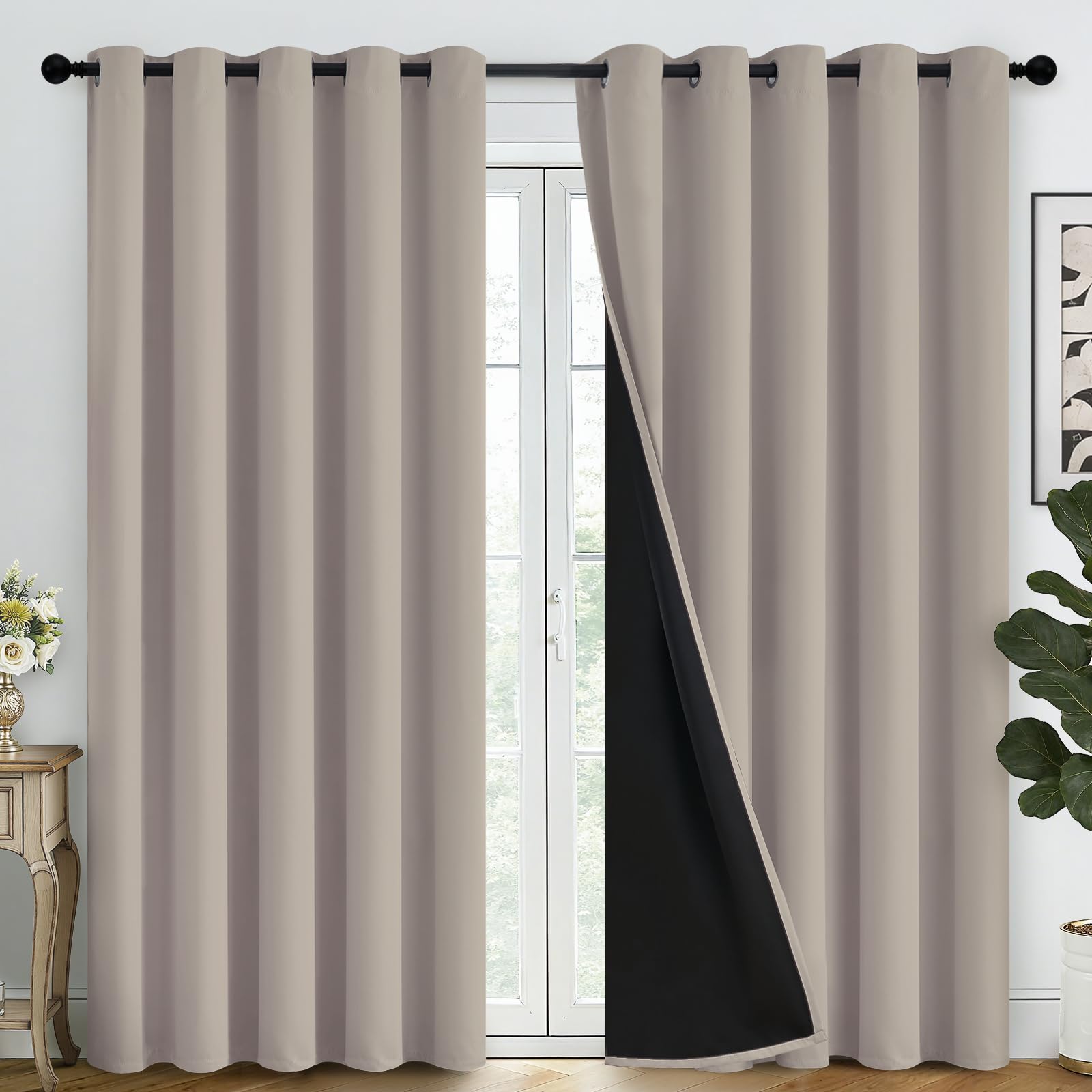 SimpleHome 100% Blackout Curtains for Bedroom,Thermal Insulated Grommet Window Drapes Room Darkening Cream Curtains for Living Room with Black Back,52 x 84 Inch,2 Panels