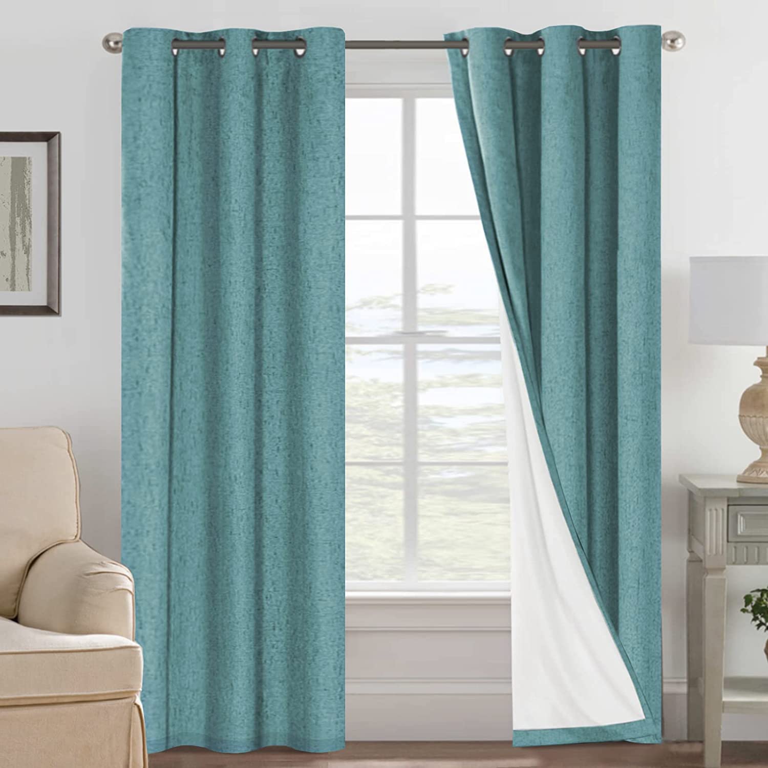 H.VERSAILTEX Linen 100% Blackout Curtains for Bedroom Full Light Blocking Curtains, Textured Window Curtain for Living Room 84 inch Grommet, Energy Efficient Curtains White Liner(2 Panels, Natural)
