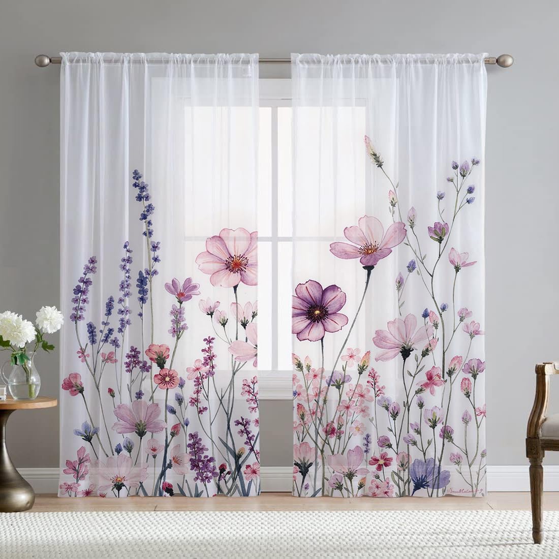 Green Eucalyptus Leaves Sheer Curtains for Living Room 84 inch Length 2 Panels Set Elegant Wild Flower Floral Spring Printed Window Curtain Natural Chiffon Drapes for Bedroom