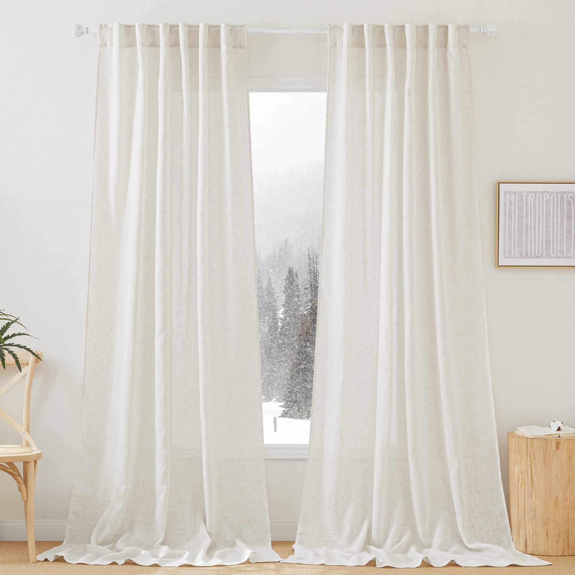 RYB HOME White Sheer Curtains Linen Texture Window Panels, Semi Sheer Light Filetring Rod Pocket & Back Tab Drapes for Bedroom, 52 x 84 inches, Pack of 2