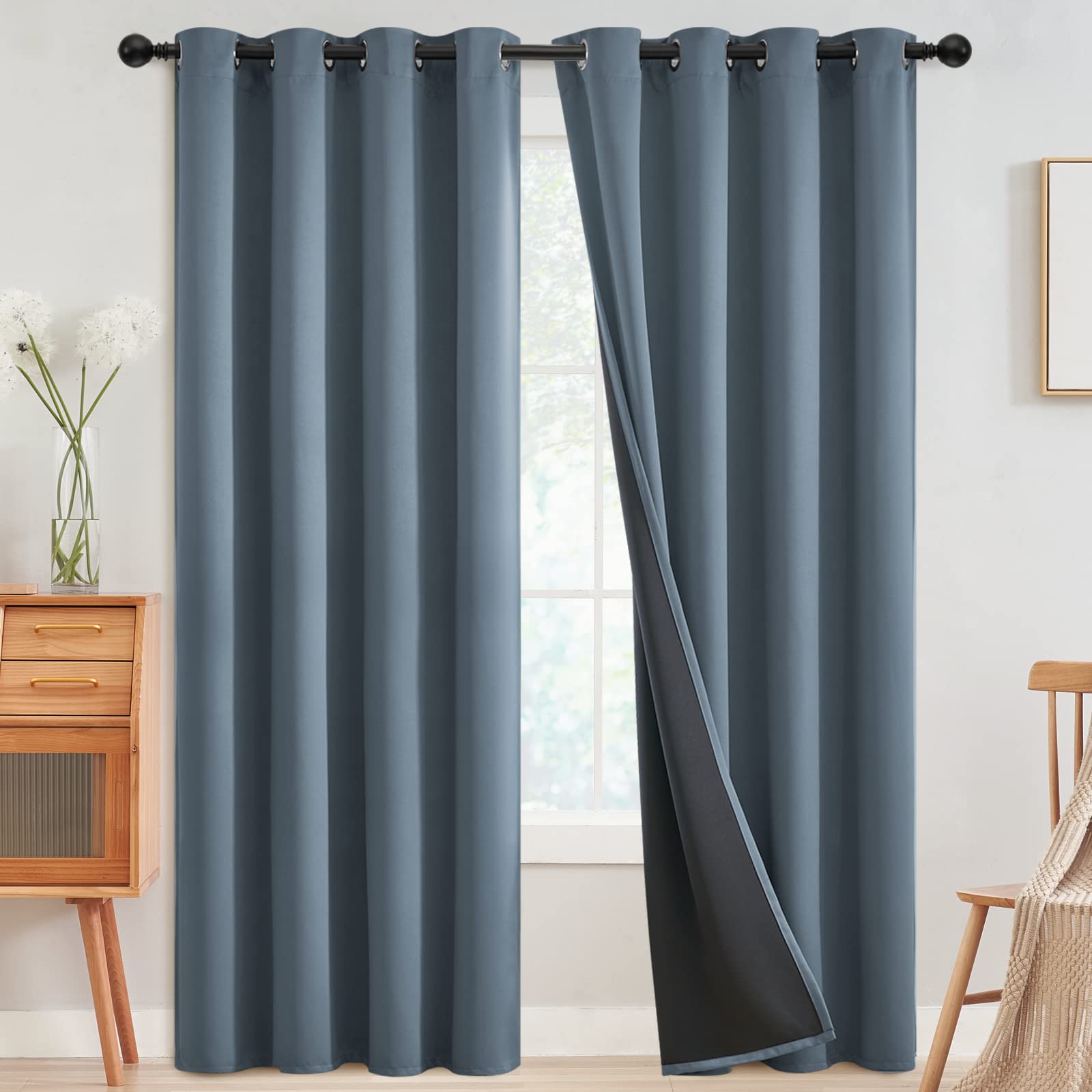 SimpleHome 100% Blackout Curtains for Bedroom,Thermal Insulated Grommet Window Drapes Room Darkening Cream Curtains for Living Room with Black Back,52 x 84 Inch,2 Panels