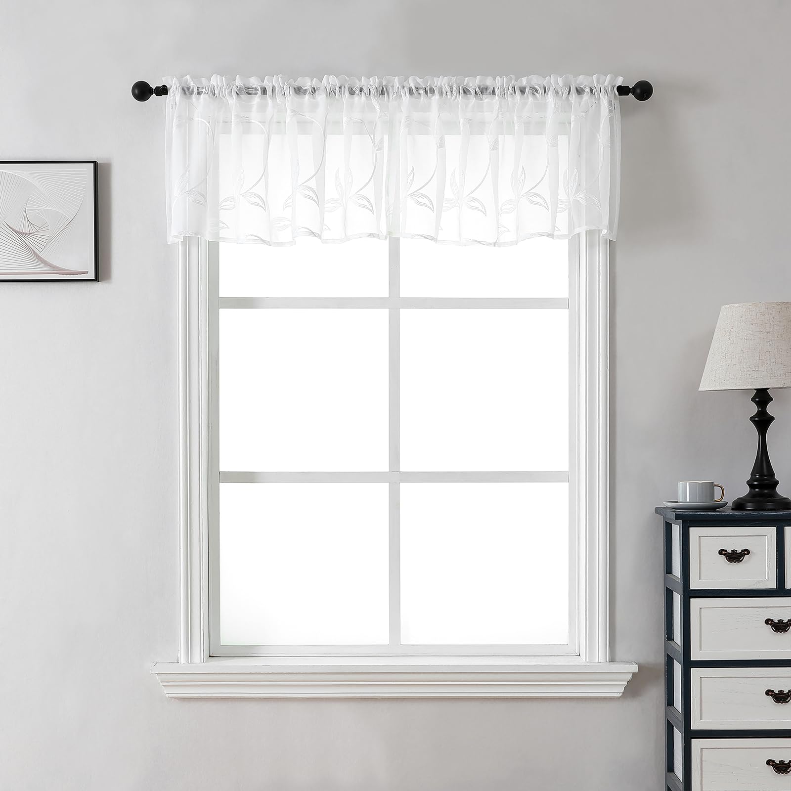 VISIONTEX Sheer Curtains 84 Inches Long 2 Panels Set Cream Beige Embroidered Floral Leaf Pattern Rod Pocket Semi Sheer Voile Window Curtains/Drapes for Bedroom Living Room 54 x 84 Inches