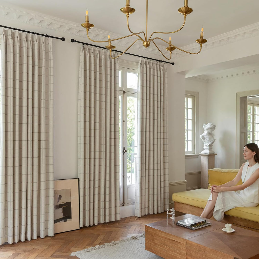 THREE GIRLS Pinch Pleated Plaid Curtains Blackout Linen Gingham Curtains for Living Room,Bedroom Checkered Patterned Insulated 84 Inches Long Double Layer 2 Panels Set Printed Design Darkening