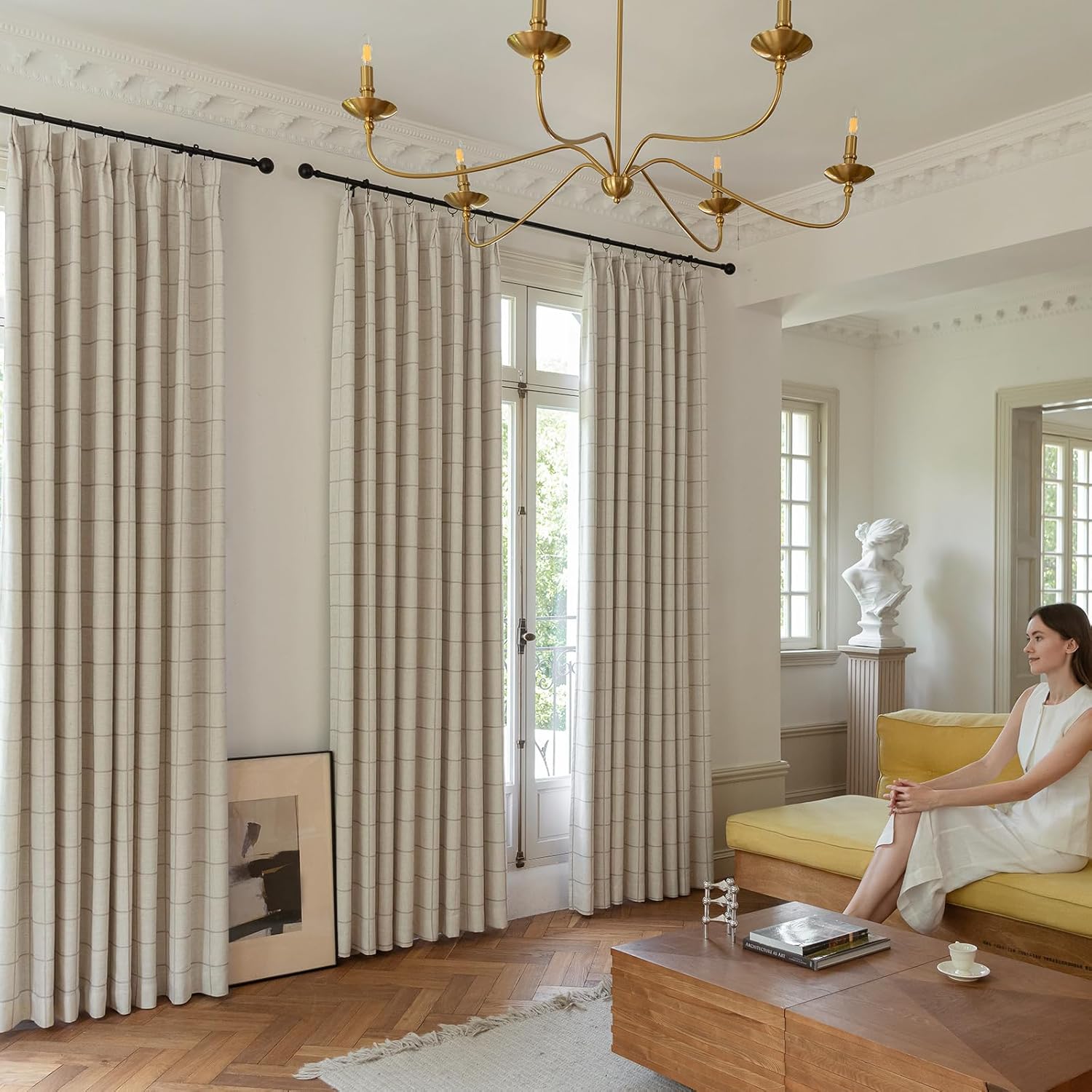 THREE GIRLS Pinch Pleated Plaid Curtains Blackout Linen Gingham Curtains for Living Room,Bedroom Checkered Patterned Insulated 84 Inches Long Double Layer 2 Panels Set Printed Design Darkening