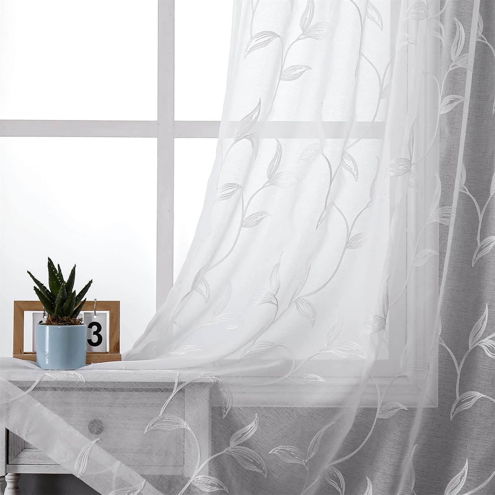 VISIONTEX Sheer Curtains 84 Inches Long 2 Panels Set Cream Beige Embroidered Floral Leaf Pattern Rod Pocket Semi Sheer Voile Window Curtains/Drapes for Bedroom Living Room 54 x 84 Inches