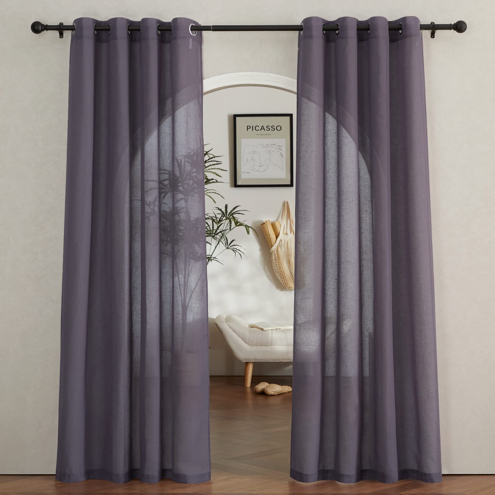NICETOWN Semi Sheer Beige Curtains 84 inches Long, Grommet Retro Linen Curtains Window Treatments Vertical Drapes Privacy with Light Filter for Living Room, W52 x L84, 2 Panels