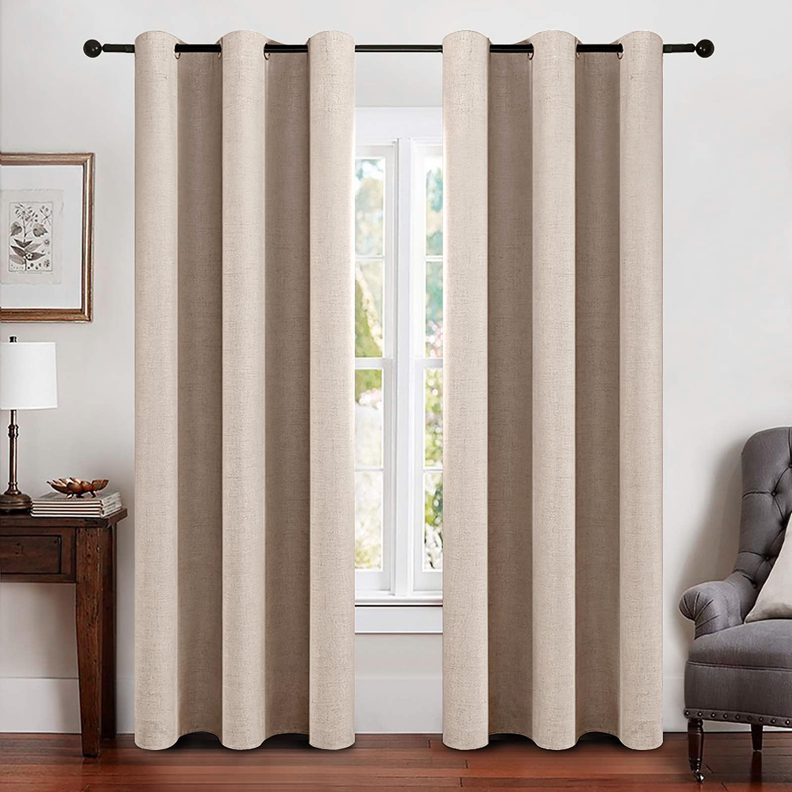 MIULEE 90 Inches Linen Textured Curtains for Bedroom 100% Blackout Thermal Insulated Natural Beige Grommet Room Darkening Curtains & Drapes Luxury Decor for Living Room Nursery 52 x 90 Inch (2 Panels)