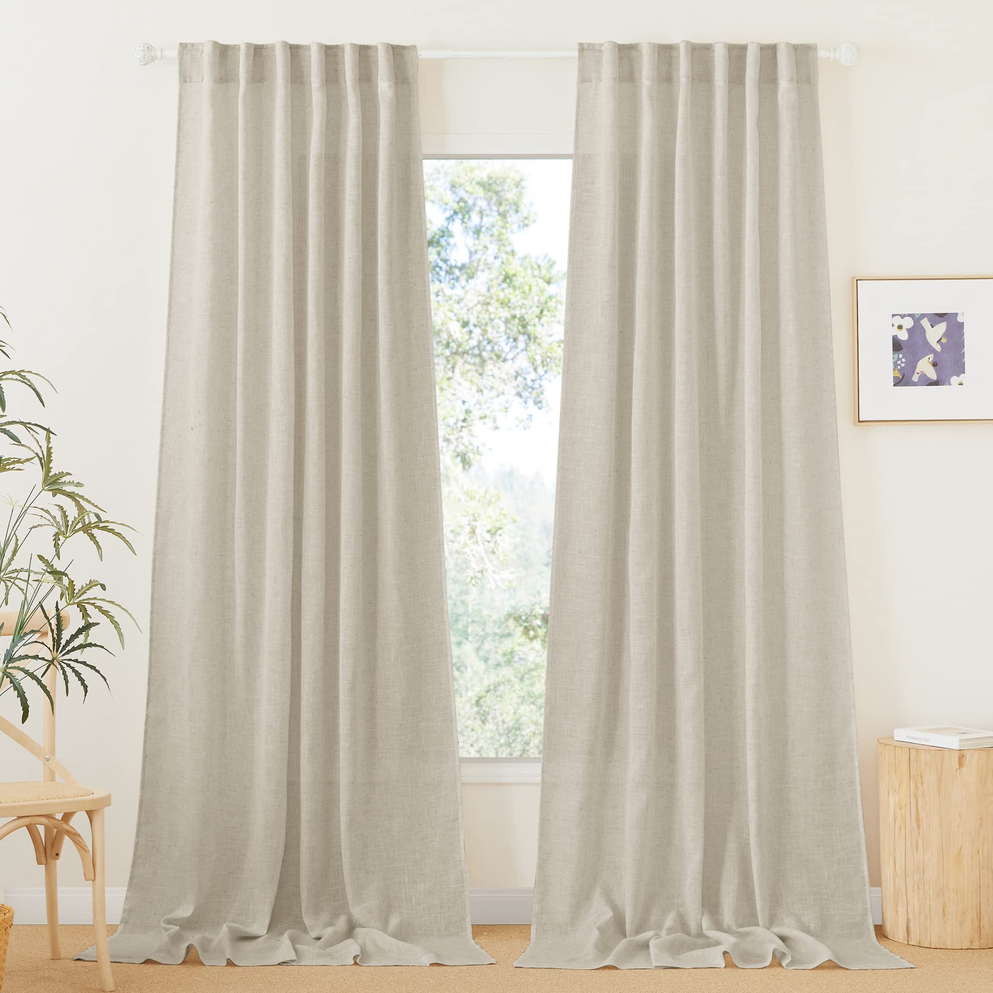 RYB HOME White Sheer Curtains Linen Texture Window Panels, Semi Sheer Light Filetring Rod Pocket & Back Tab Drapes for Bedroom, 52 x 84 inches, Pack of 2