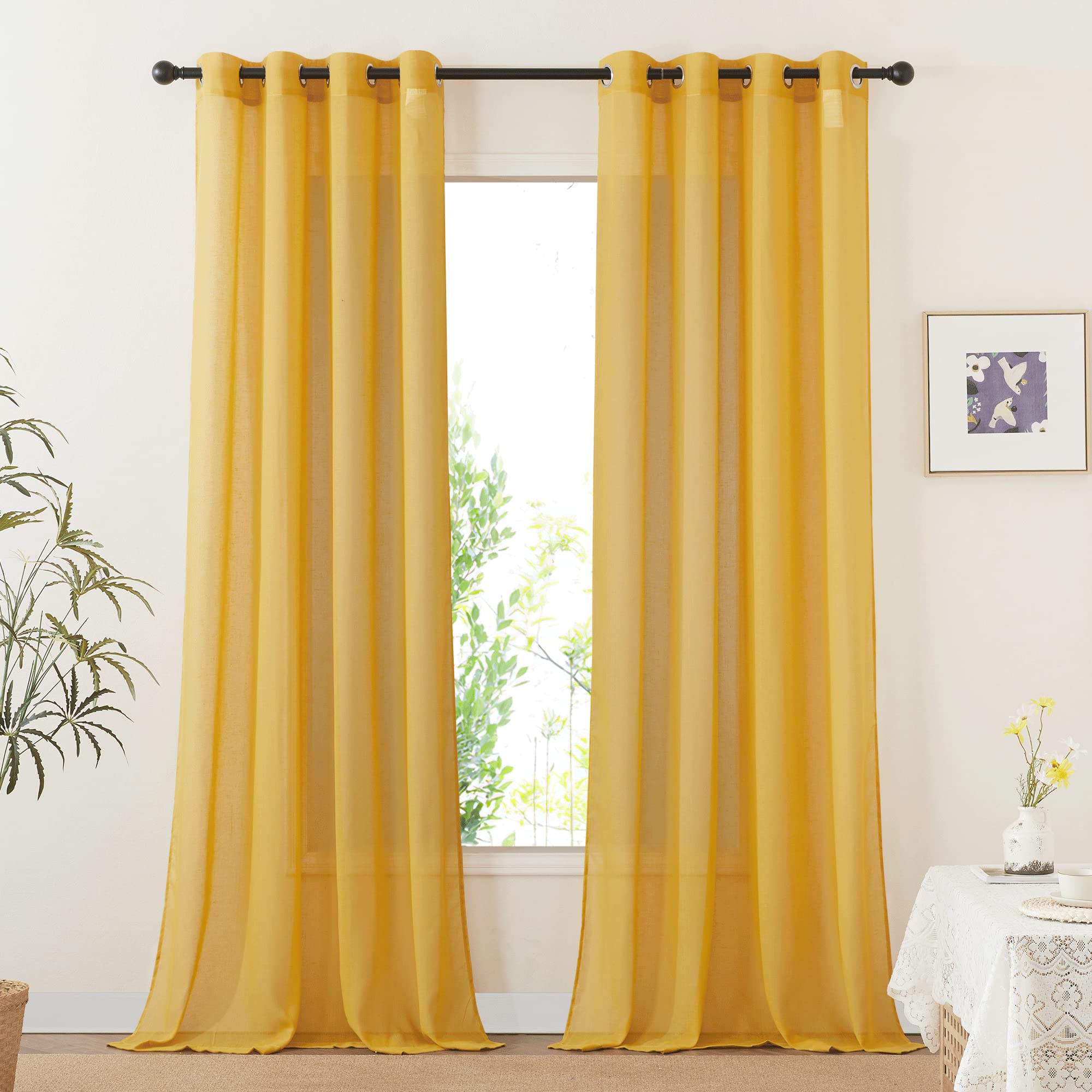 NICETOWN Semi Sheer Beige Curtains 84 inches Long, Grommet Retro Linen Curtains Window Treatments Vertical Drapes Privacy with Light Filter for Living Room, W52 x L84, 2 Panels