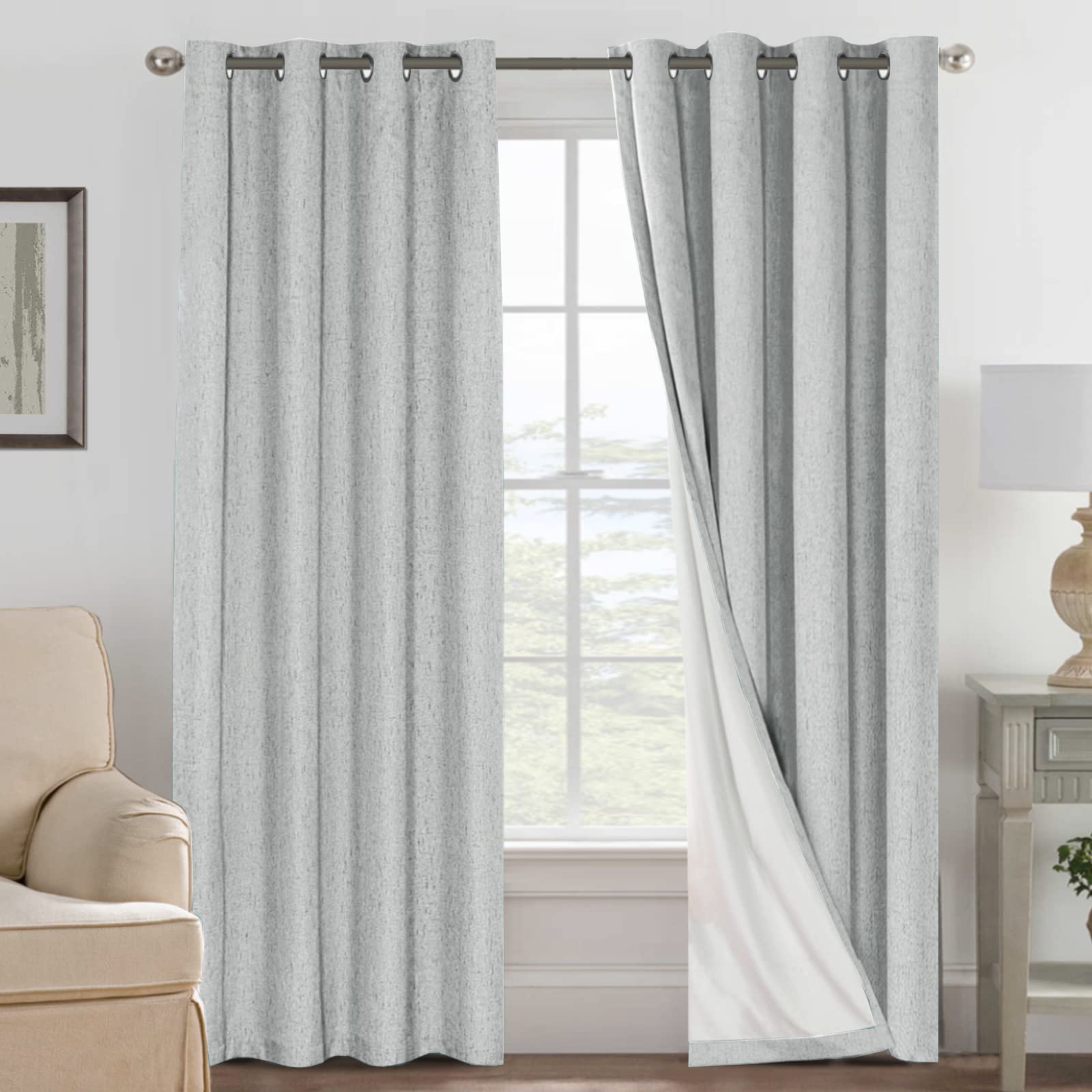 H.VERSAILTEX Linen 100% Blackout Curtains for Bedroom Full Light Blocking Curtains, Textured Window Curtain for Living Room 84 inch Grommet, Energy Efficient Curtains White Liner(2 Panels, Natural)