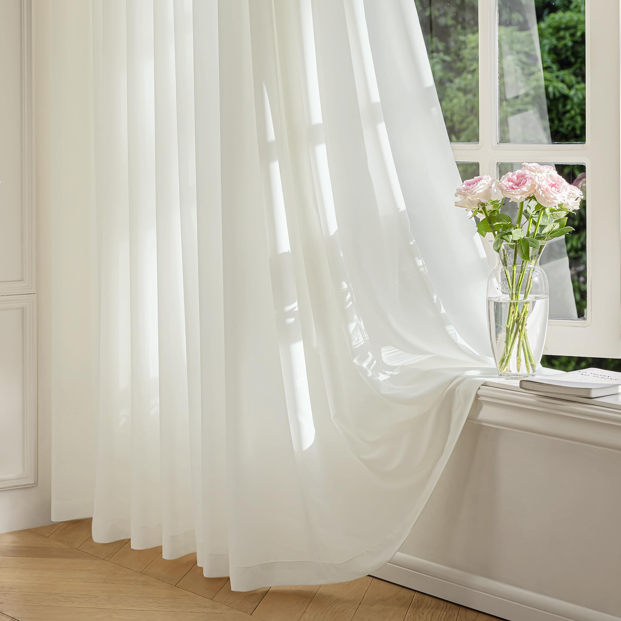 FMFUNCTEX Sheer Non-See-Through Butter Cream Curtains 108 inches Long for Living Room, Faux Silk That Let Light Curtains Light Filtering Privacy Sheer Window Drapes for Living Room, Rod Pocket 2Panels