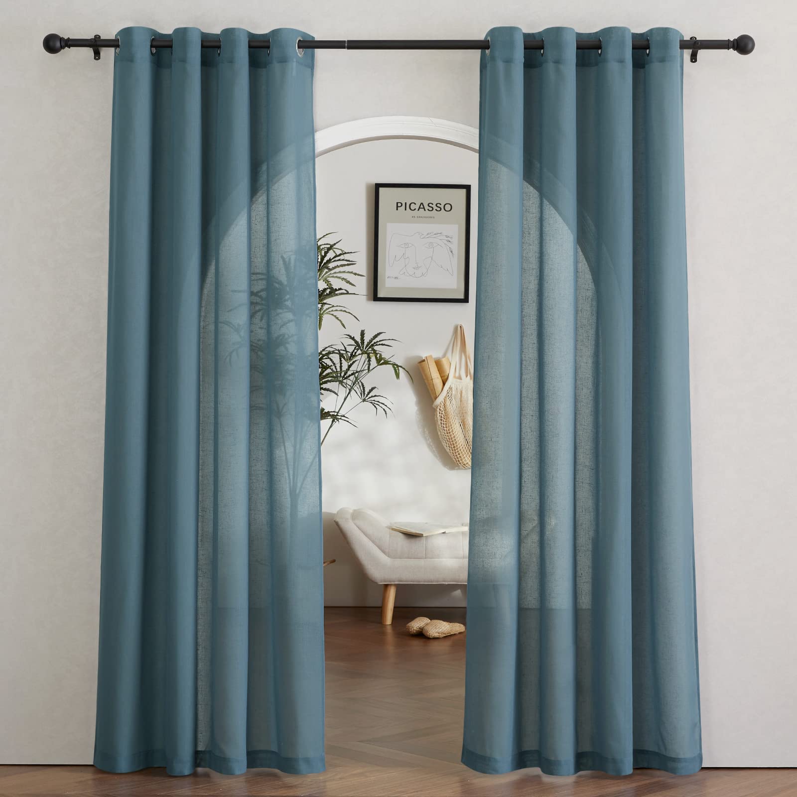 NICETOWN Semi Sheer Beige Curtains 84 inches Long, Grommet Retro Linen Curtains Window Treatments Vertical Drapes Privacy with Light Filter for Living Room, W52 x L84, 2 Panels