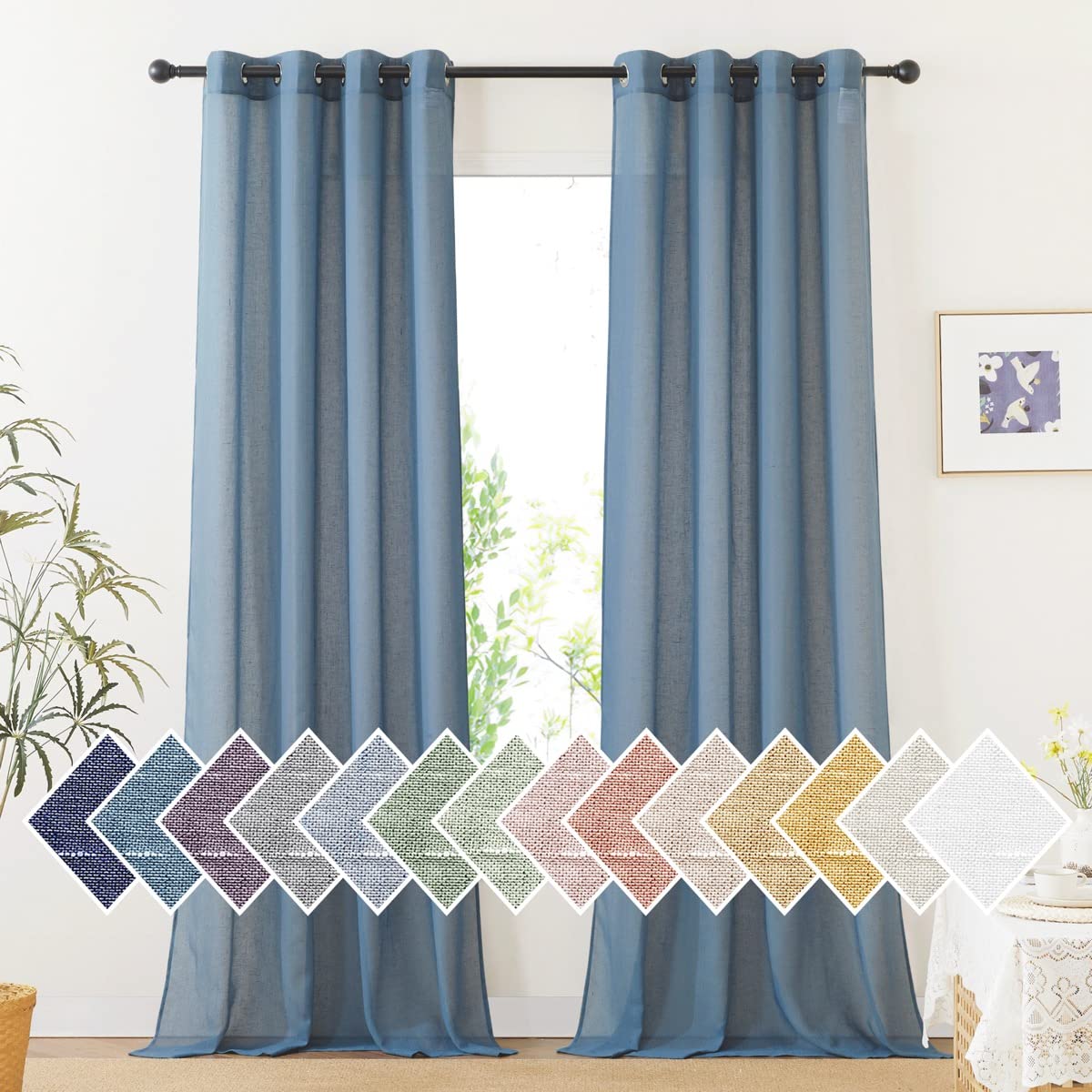 NICETOWN Semi Sheer Beige Curtains 84 inches Long, Grommet Retro Linen Curtains Window Treatments Vertical Drapes Privacy with Light Filter for Living Room, W52 x L84, 2 Panels