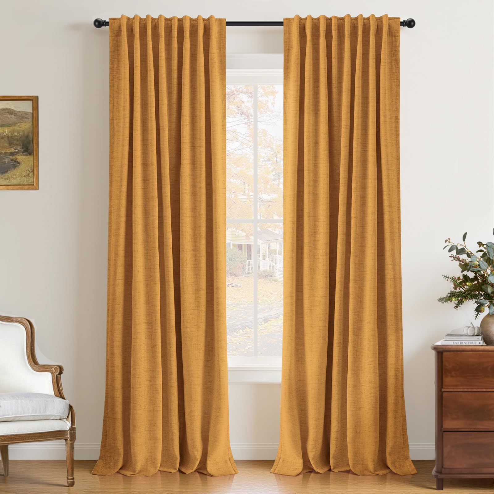 INOVADAY 100% Blackout Curtains 96 Inches Length 2 Panels Set, Back Tab/Rod Pocket Linen Black Out Curtains for Bedroom, Thermal Insulated Window Drapes - Cream, W50 X L96
