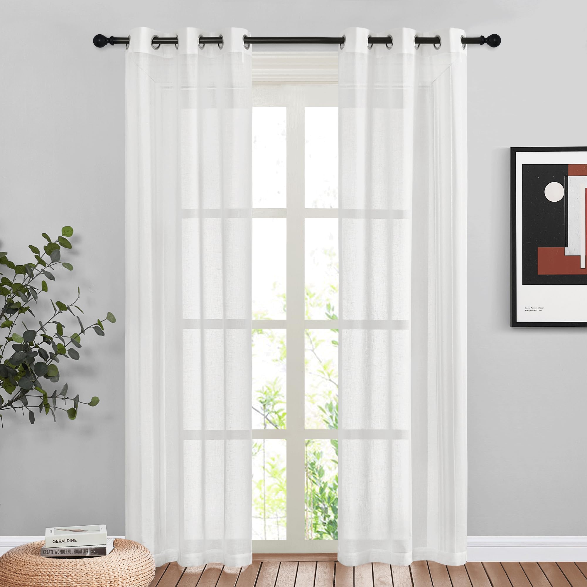 NICETOWN Semi Sheer Beige Curtains 84 inches Long, Grommet Retro Linen Curtains Window Treatments Vertical Drapes Privacy with Light Filter for Living Room, W52 x L84, 2 Panels