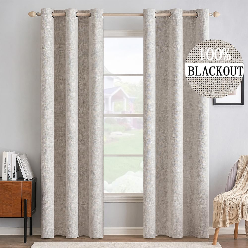 MIULEE 90 Inches Linen Textured Curtains for Bedroom 100% Blackout Thermal Insulated Natural Beige Grommet Room Darkening Curtains & Drapes Luxury Decor for Living Room Nursery 52 x 90 Inch (2 Panels)