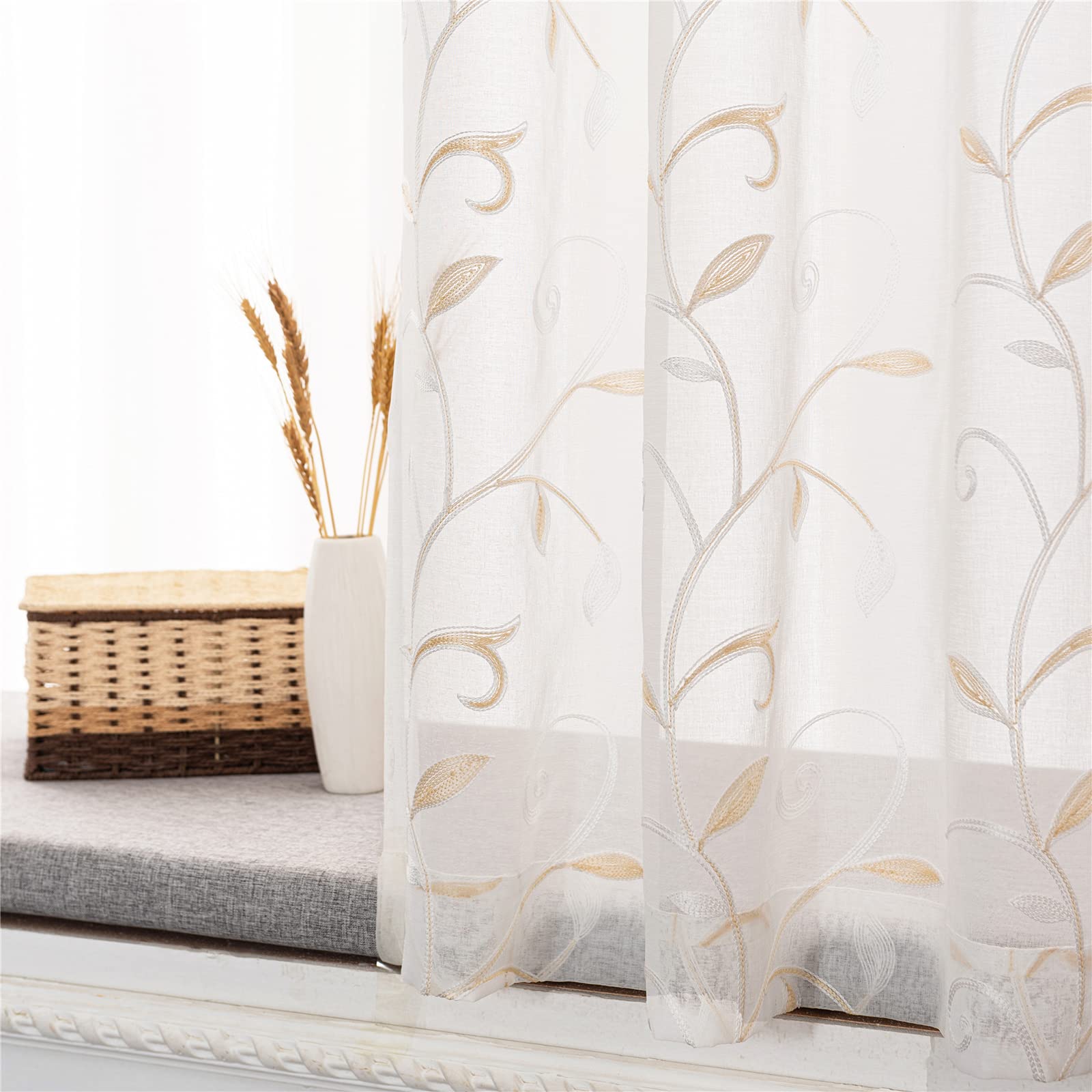 VISIONTEX Sheer Curtains 84 Inches Long 2 Panels Set Cream Beige Embroidered Floral Leaf Pattern Rod Pocket Semi Sheer Voile Window Curtains/Drapes for Bedroom Living Room 54 x 84 Inches